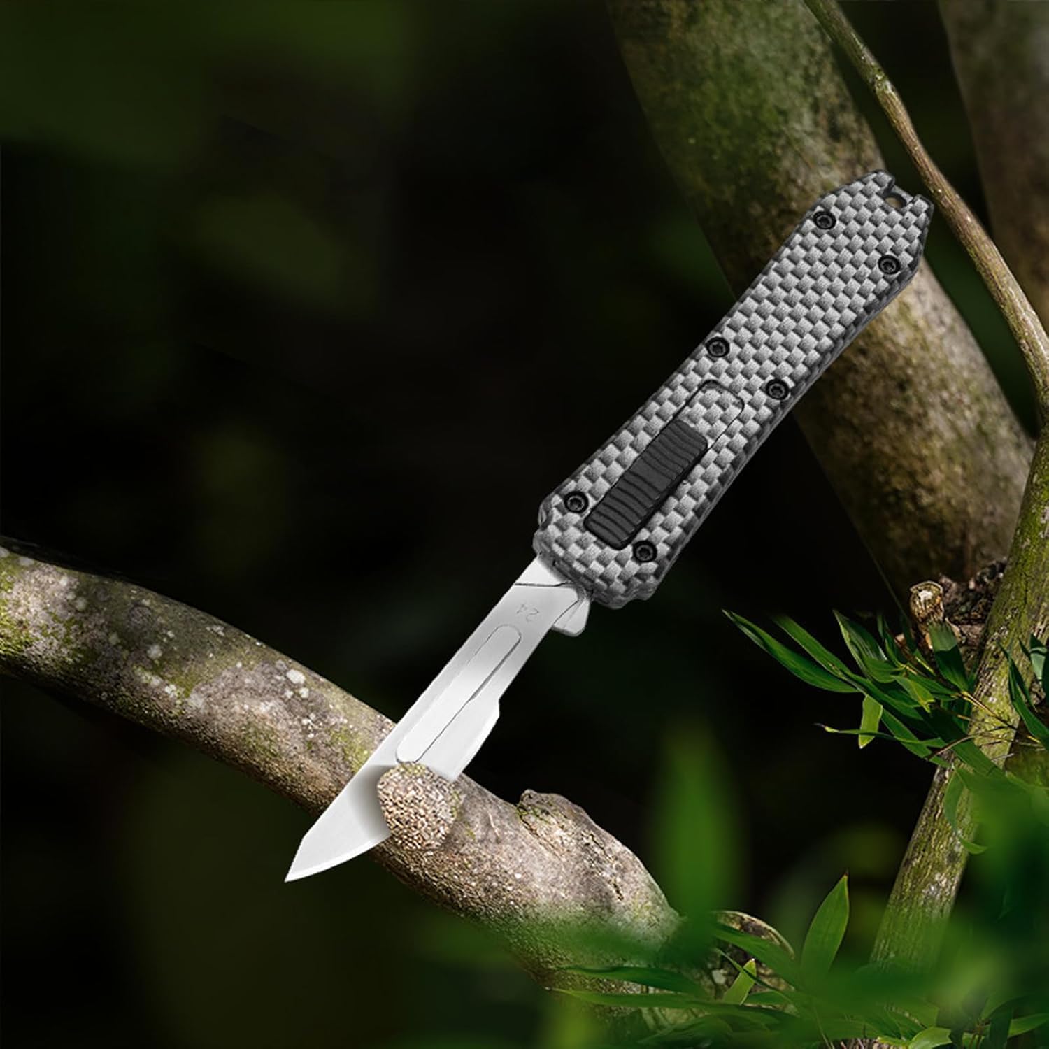 Cuchillo multiusos, automático con botón pulsador, cúter retráctil con 10 cuchillas n.° 24, cuchillo multiusos de bolsillo (A 04)