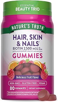 Natures Truth Hair Skin and Nails Gummies | 80 Count | 2500mcg of Biotin | Vegan, Non-GMO, Gluten Free Supplement | Vitamin for Women & Men