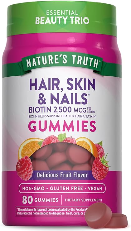 Nature's Truth Hair Skin and Nails Gummies | 80 Count | 2500mcg of Biotin | Vegan, Non-GMO, Gluten Free Supplement | Vitamin for Women & Men