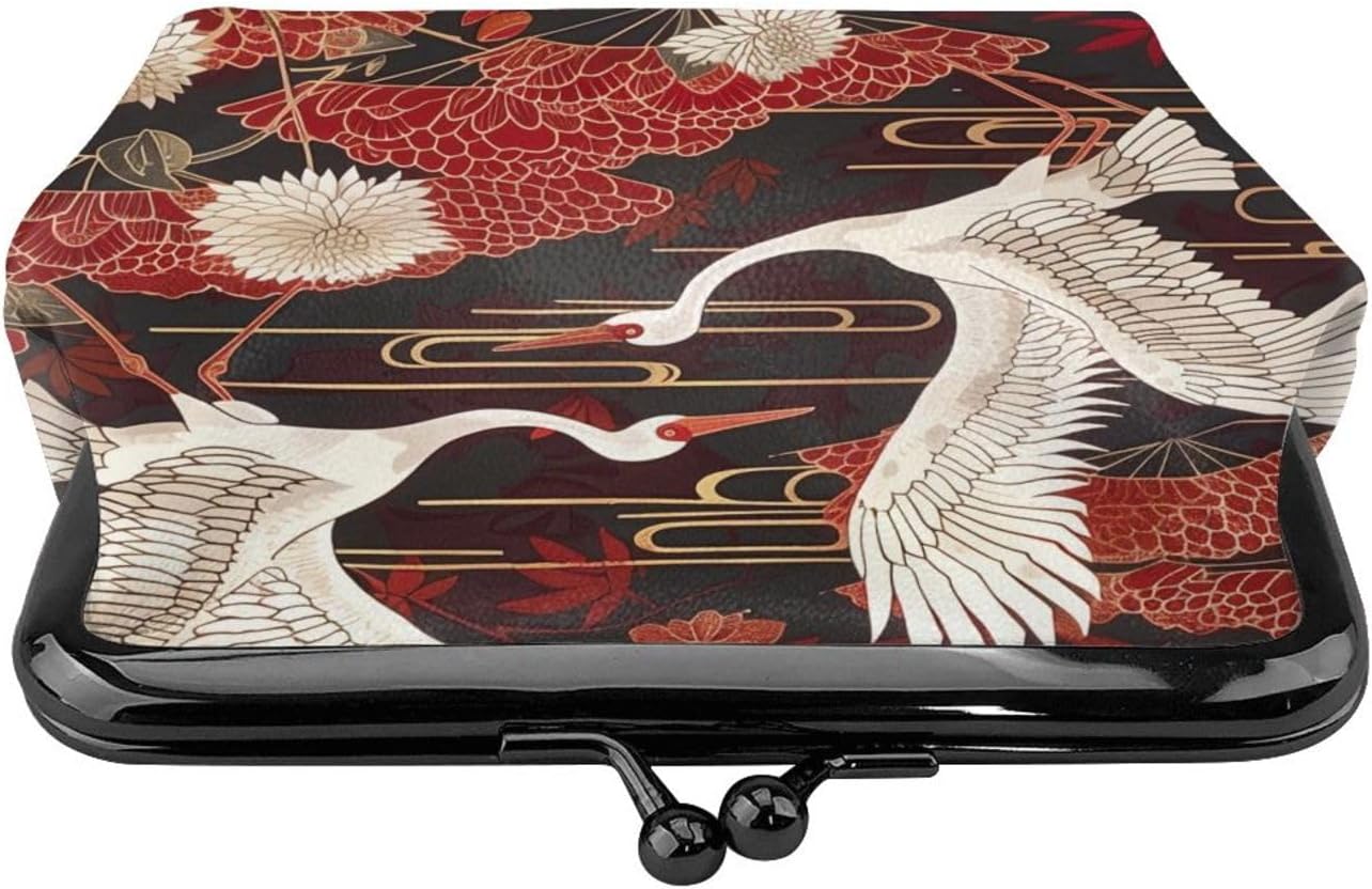 Two Cranes Chrysanthemums Printed Coin Purse for Women Cute PU Leather Coin Wallet Mini Coin Purse Pouch with Kiss-Lock