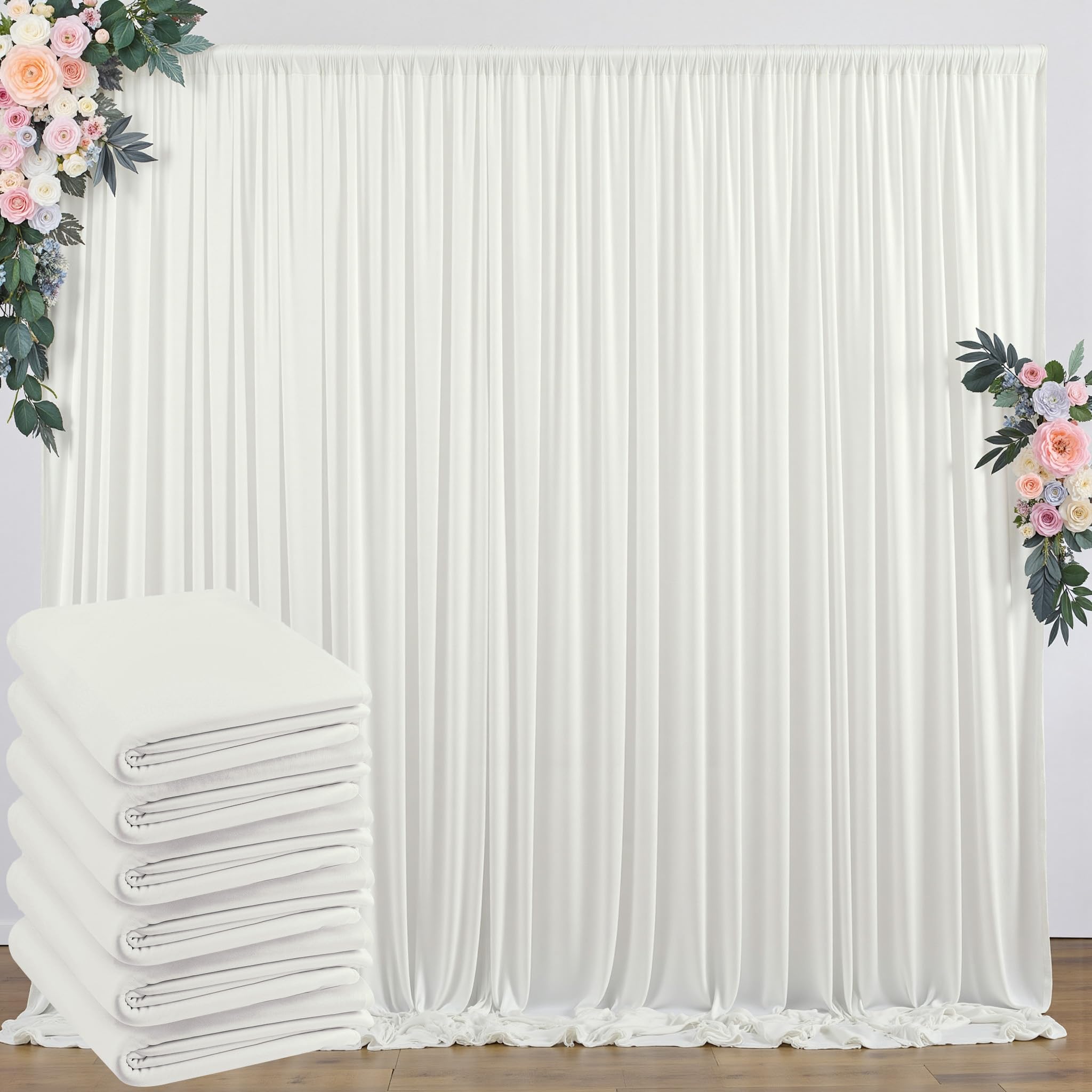 30 ft x 8 ft Ivory Backdrop Curtain Panels, 6 Panels 5 ft x 8 ft Wrinkle Free Polyester Photography Backdrop Drapes, Wedding Party Home Decoration