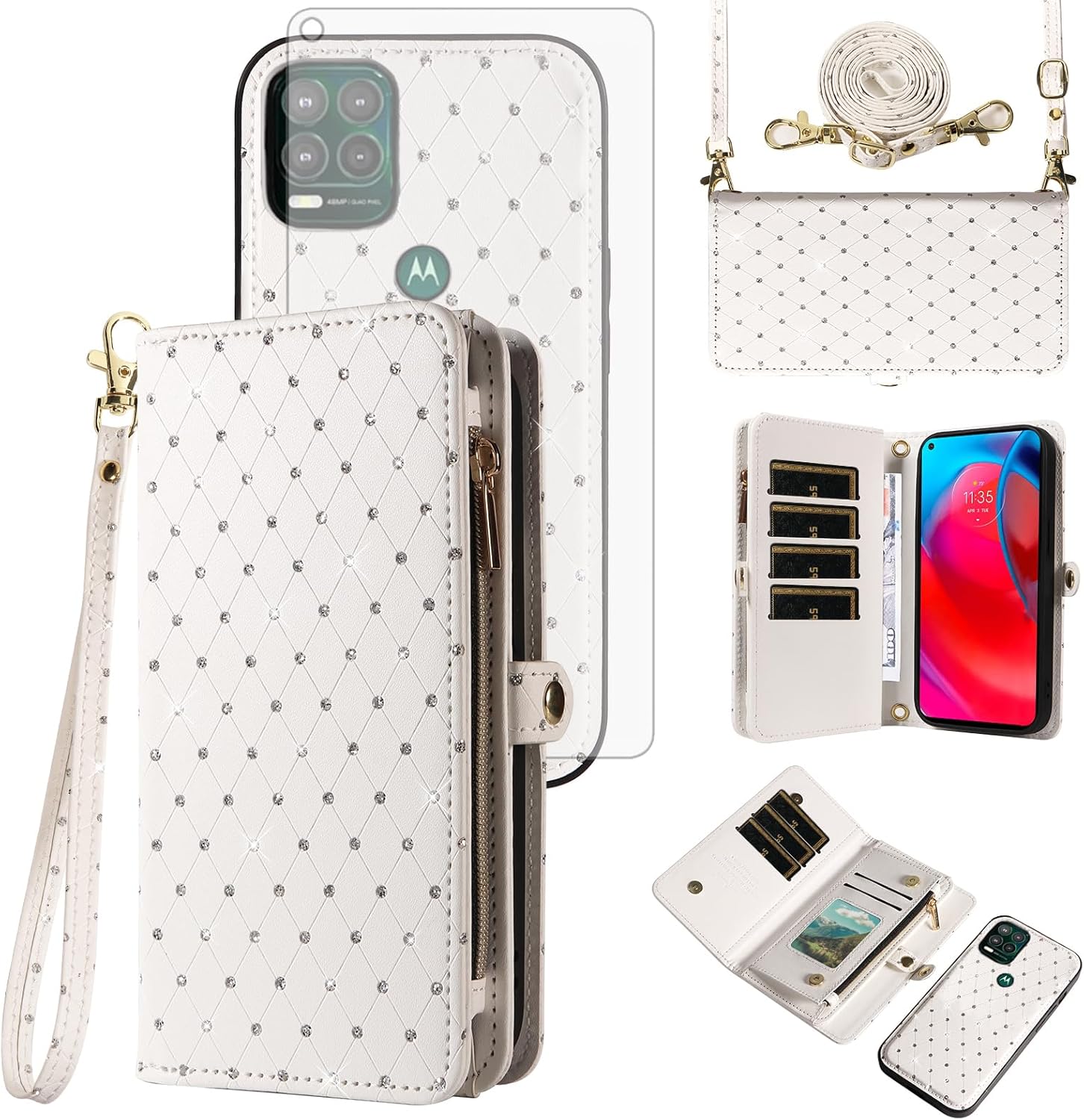 Asuwish Phone Case for Moto G Stylus 5G 2021 Zipper Wallet Detachable Cell Cover with Tempered Glass Screen Protector Strap Glitter Flip Card Holder Slot Motorola GStylus G5 XT2131DL Women Girls White