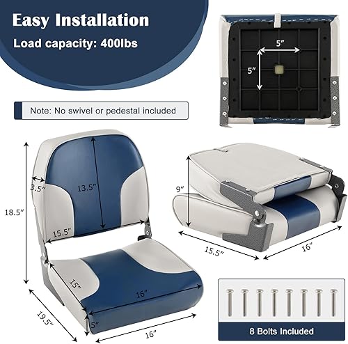 Miniatura 7 de Goplus Paquete de 2 asientos de barco de respaldo bajo, asientos plegables para barco con tornillos de acero inoxidable y bisagras de aluminio,