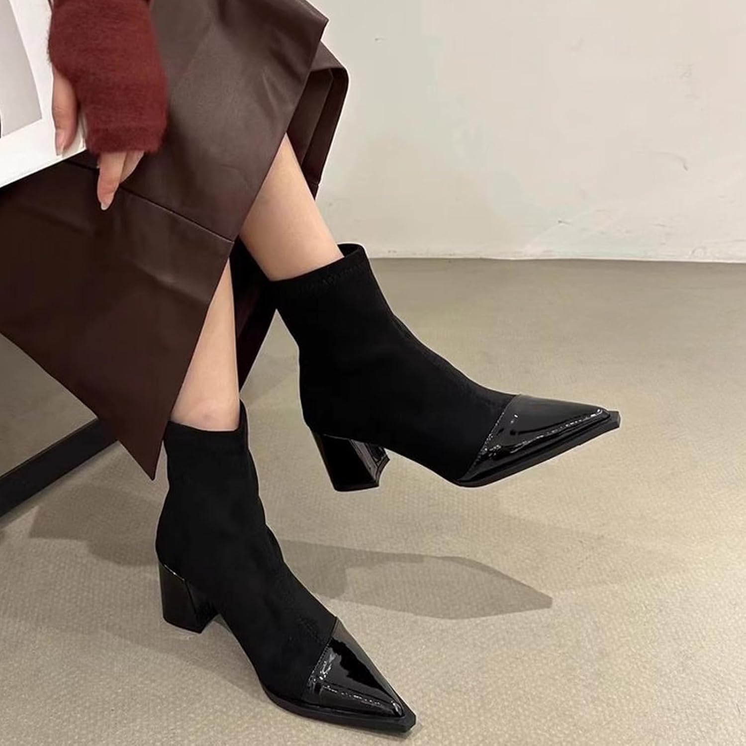 Women's Suede Chunky Heel Ankle Boots with Side Zipper Retro Leather Pointed Toe Low Heel Short Bootie Fall Winter Daily Casual Dress Boots - Image 3