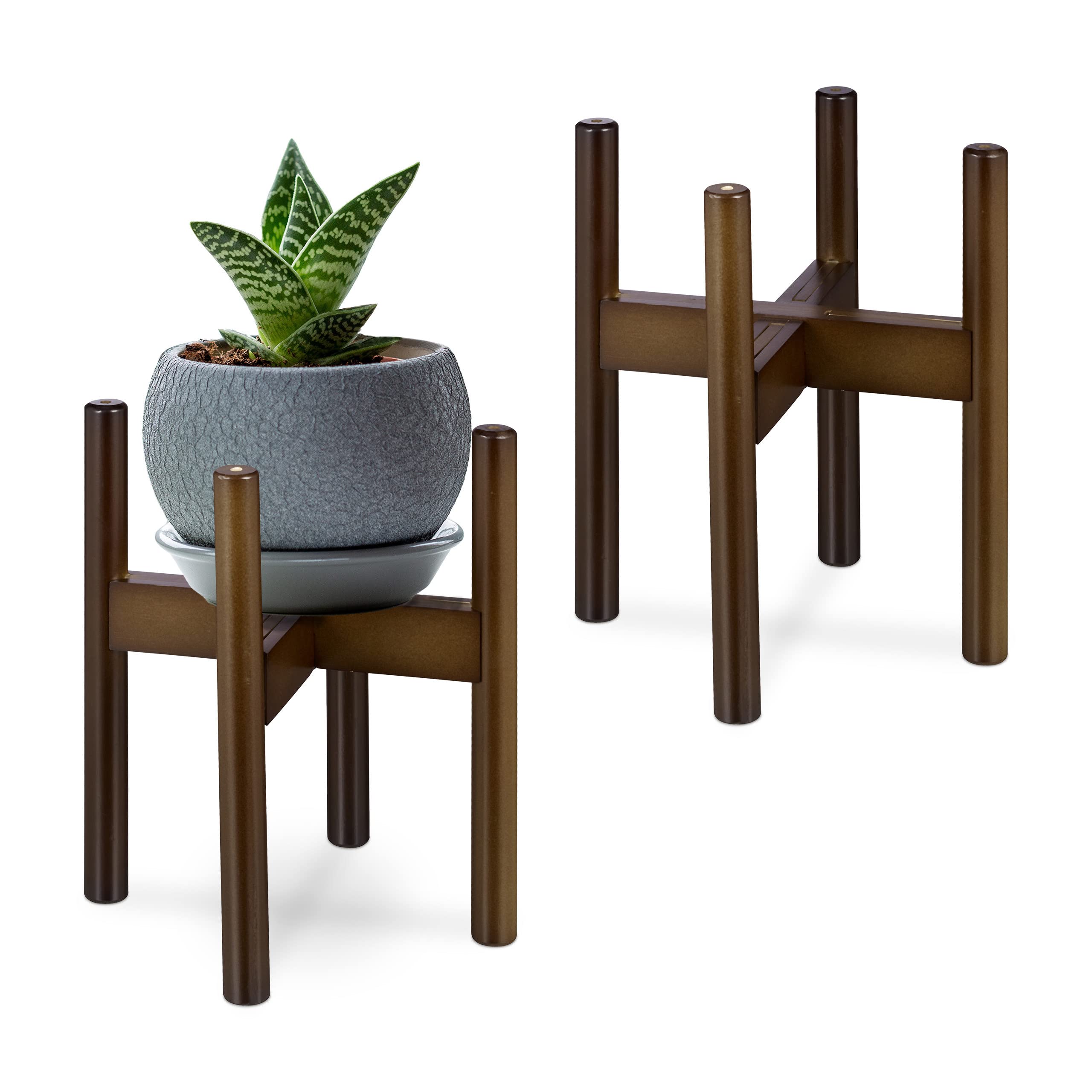 Relaxdays Set of 2 Plant Stand, Bamboo Flower Rack, Pots up to 32cm Ø, Adjustable & Stackable, Decorative, Dark Brown