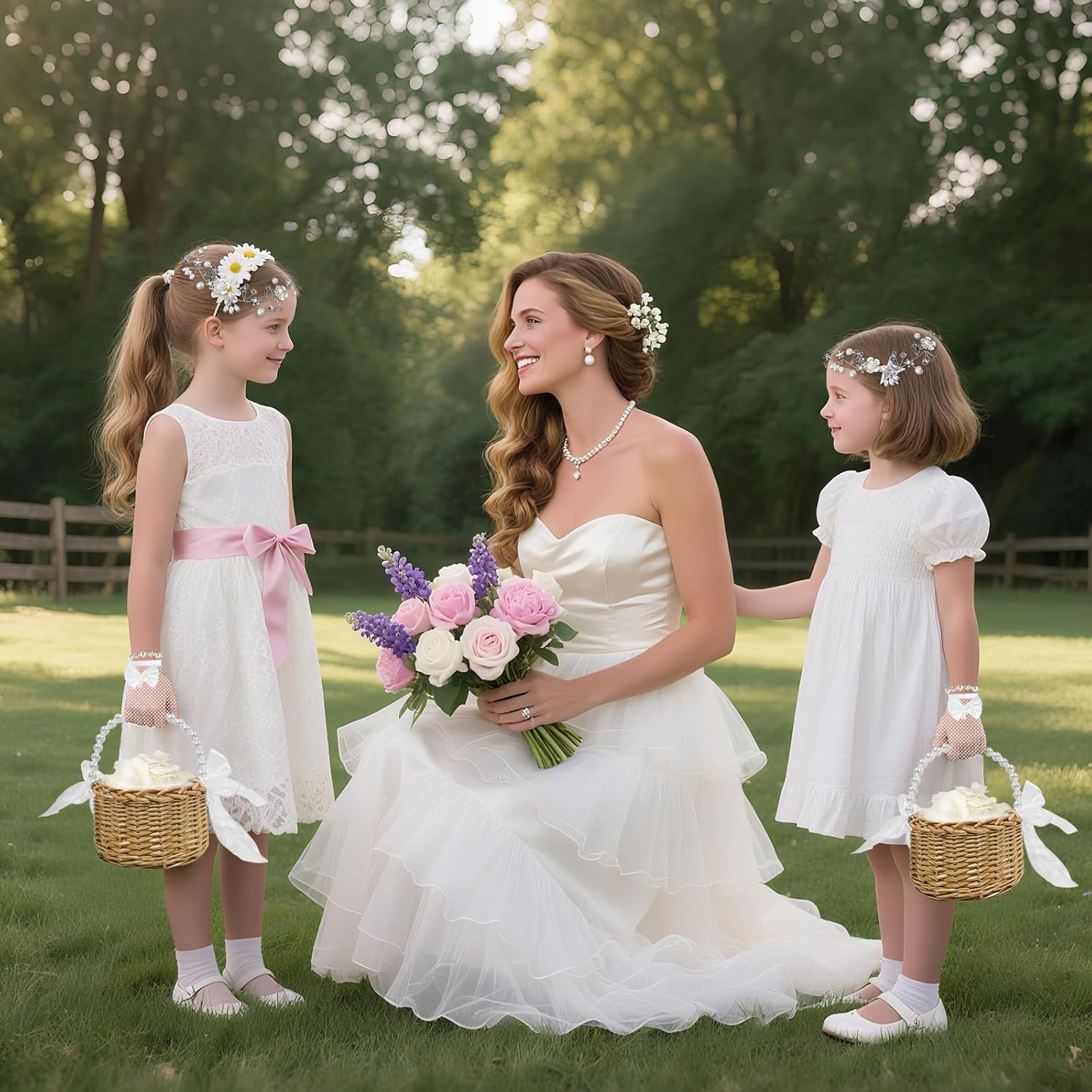 FEXICHUJI 5 Pcs Flower Girl Basket Wedding Set, Flower Girl Jewellery Kit Accessories with Headband Bracelet Gloves Basket and Ivory Petals (Wicker Rattan Basket)