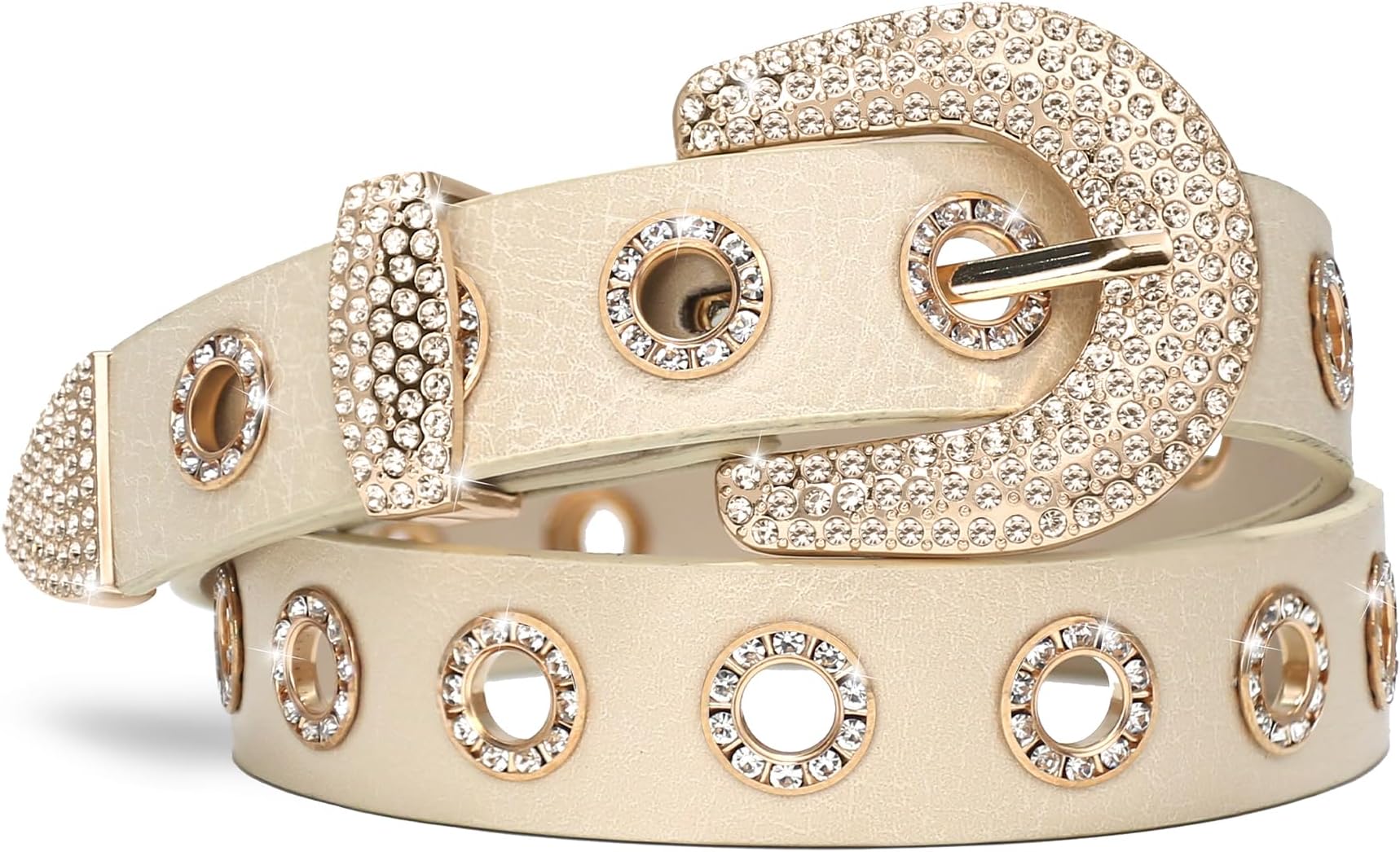 Women Rhinestone Grommet Belt, Bling Y2k Western Cowgirl Punk Faux Leather Belts for Jeans Dress Pants