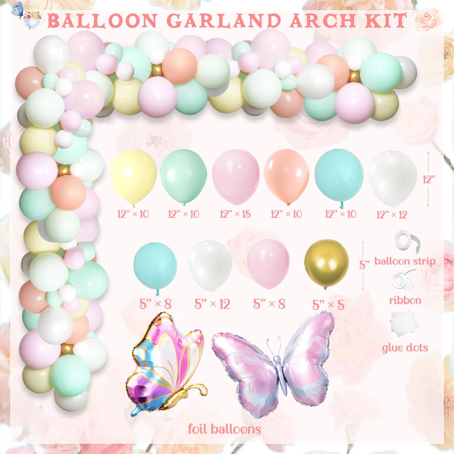 126pcs Tea Party Decorations Kit, Let's Partea Birthday Party Decorations, Floral Par Tea Supplies Backdrop Tablecloth Balloon Garland Arch Kit Cake Cupcke Topper Cutout for Tea Birthday Party Girl
