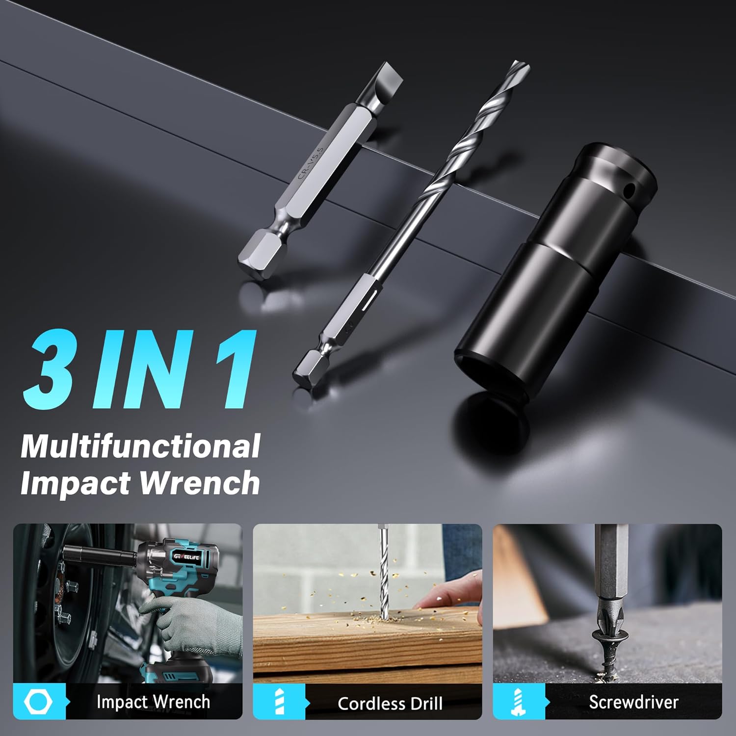 GEVEELIFE 650N.m/480Ft-lbs Brushless Impact Wrench,1/2" Cordless Impact Gun w/ 2x4.0Ah Battery & 6 Sockets, 3300RPM Power Electric Impact Driver for Car/DIY Furniture/Lawn Mower, Blue Toolbox - Image 6