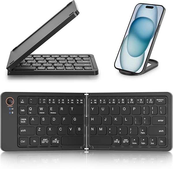 Mini Foldable Bluetooth Keyboard - Portable Wireless Full Size Keyboard (Sync Up to 3 Devices), Ultra-Slim Aluminum Travel Folding Keyboards for iPhone iPad Mac Android Windows iOS (Black) - 1