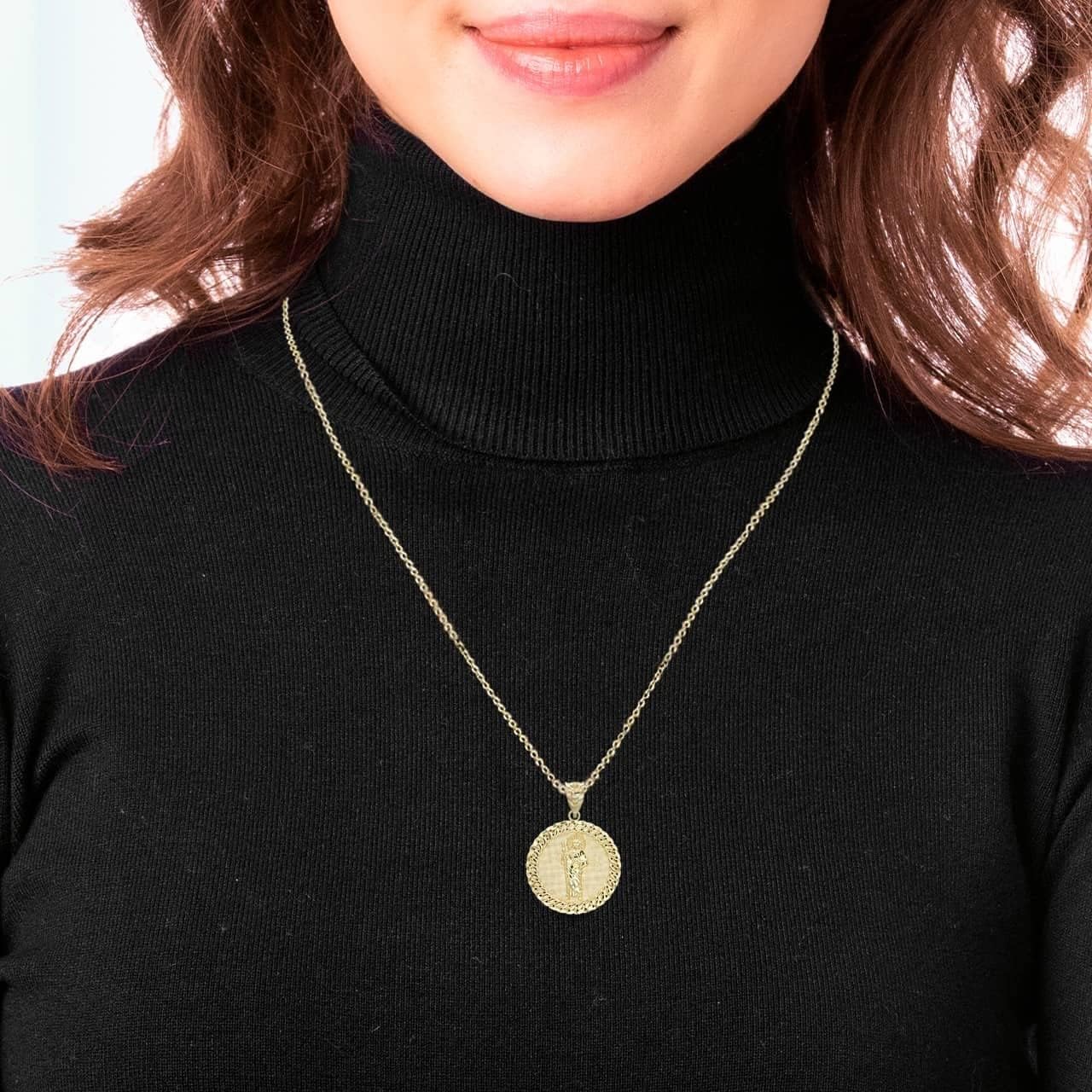 Solid 10k Yellow Gold Saint Jude Cuban Link Round Frame Pendant Necklace and Pendant Only