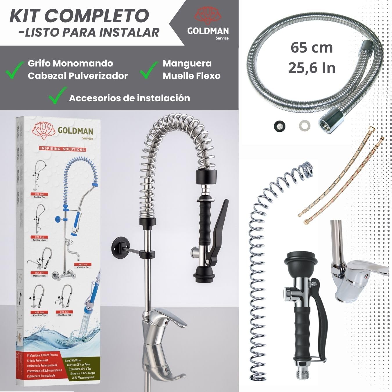 GOLDMAN SERVICE | Grifo Cocina Industrial Monomando Negro Extensible con Rociador | Alcachofa Pulverizadora Eco Saver Hostelería y Hogar | Diseño Compacto Flexible