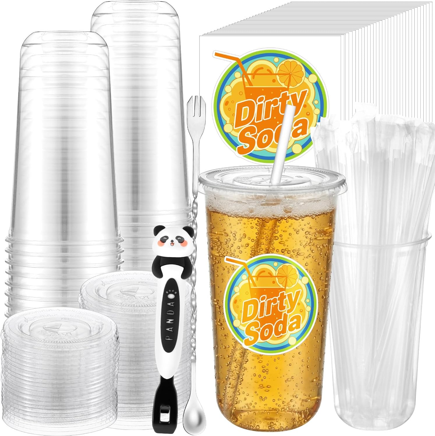 50 Set 21 oz Clear Dirty Soda Plastic Cups with Lids and Straws