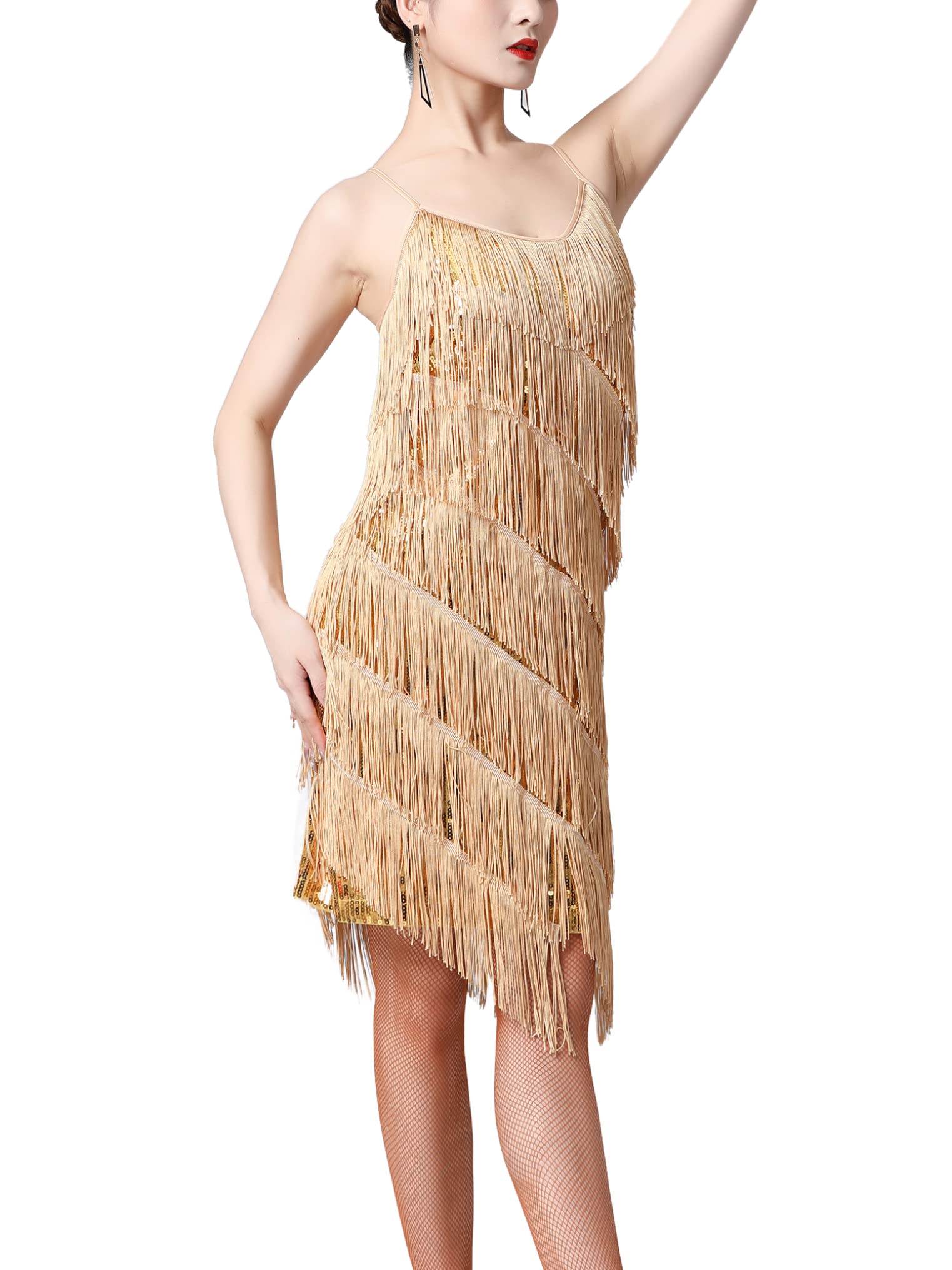 YEAHDOR Women's 1920s Flapper Dress Spaghetti Straps Sequin Fringe Latin Dance Dress Party Dancewear Gold Small