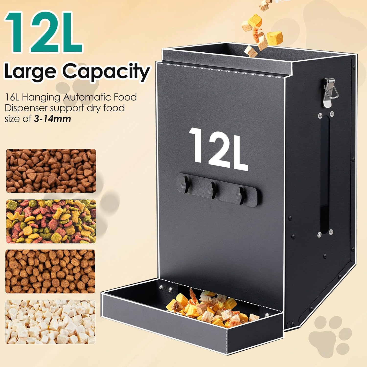 Hanging Cage Automatic Dog Feeder Large Breed,12L Dog Food Dispenser with Large Feeding Mouth Kennel-Gravity Pet Cage Feeder Galvanized Steel for Pet Crate & Metal Wire Kennel Indoor & Outdoor