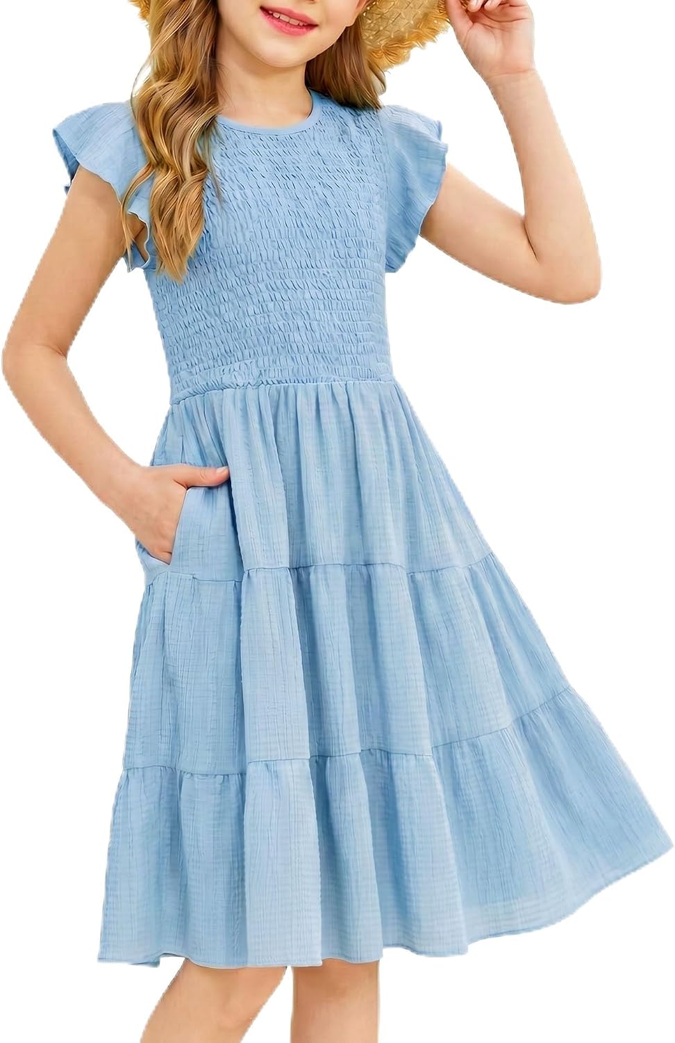 Arshiner Girls Summer Flutter Short Sleeve Sundress Smocked Elastic Waist Tiered Midi Dress with Pockets
