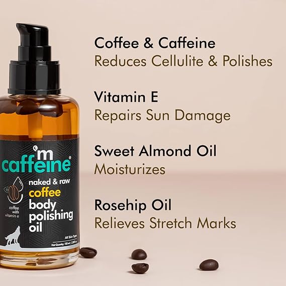 mCaffeine Coffee Body Polishing Oil (100ml) for Reducing Stretch Marks and Cellulite | With Olive and Vitamin E for a Soft and Moisturized Skin | Natural and Vegan for Daily-Use