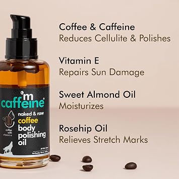 mCaffeine Coffee Body Polishing Oil (100ml) for Reducing Stretch Marks and Cellulite | With Olive and Vitamin E for a Soft and Moisturized Skin | Natural and Vegan for Daily-Use