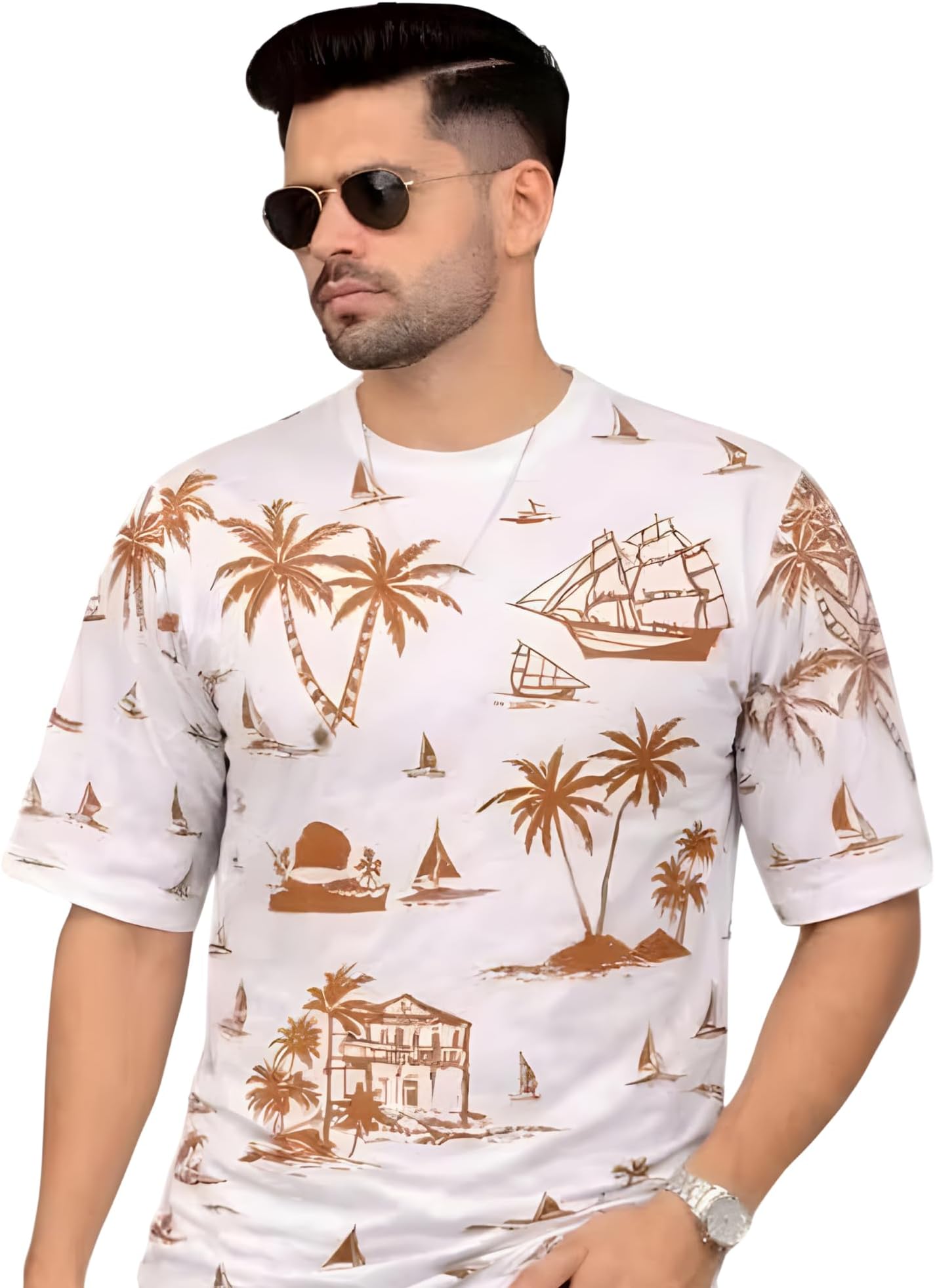 - Oversized T Shirt for Men with Beach Design | Round Neck Loose Fit Drop Shoulder Casual Cotton T-Shirt for Men | Oversized Baggy Casual Wear Tshirt for Man