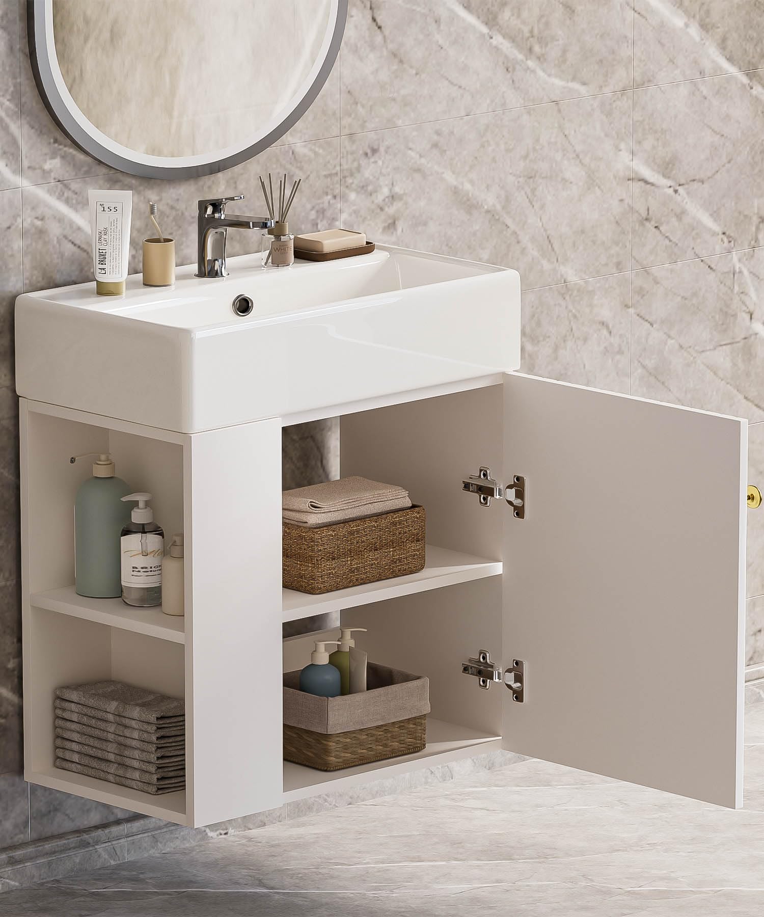 Yorbay Waschbecken mit Unterschrank 55 cm: Wandmontage Badezimmerschrank mit Keramik Waschtisch für Kleine Bäder - Modern Hängend Badmöbel Set für Gäste WC (Weiß)