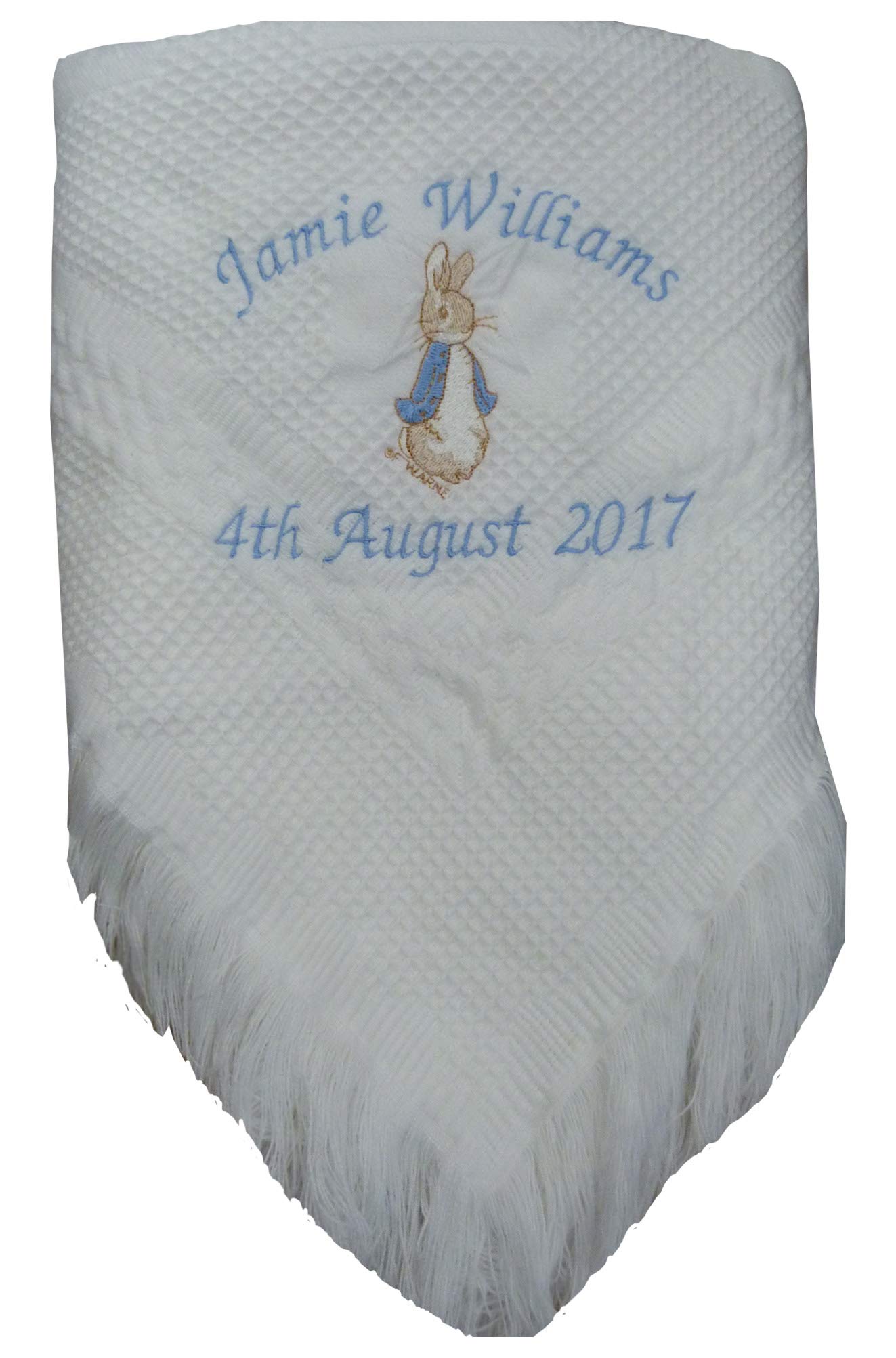 Personalised Peter Rabbit Shawl Birth Christening Baby Shower Gift White Pink Blue (White Shawl)
