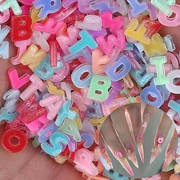 Letter Nail Art Charms Random Candy Color Letter Resin Nail Rhinestones Kawaii Summer Flatback Alphabet Nail Gems with Glitter Design Nail Art Accessories for DIY Craft Nail Supplies 100Pcs