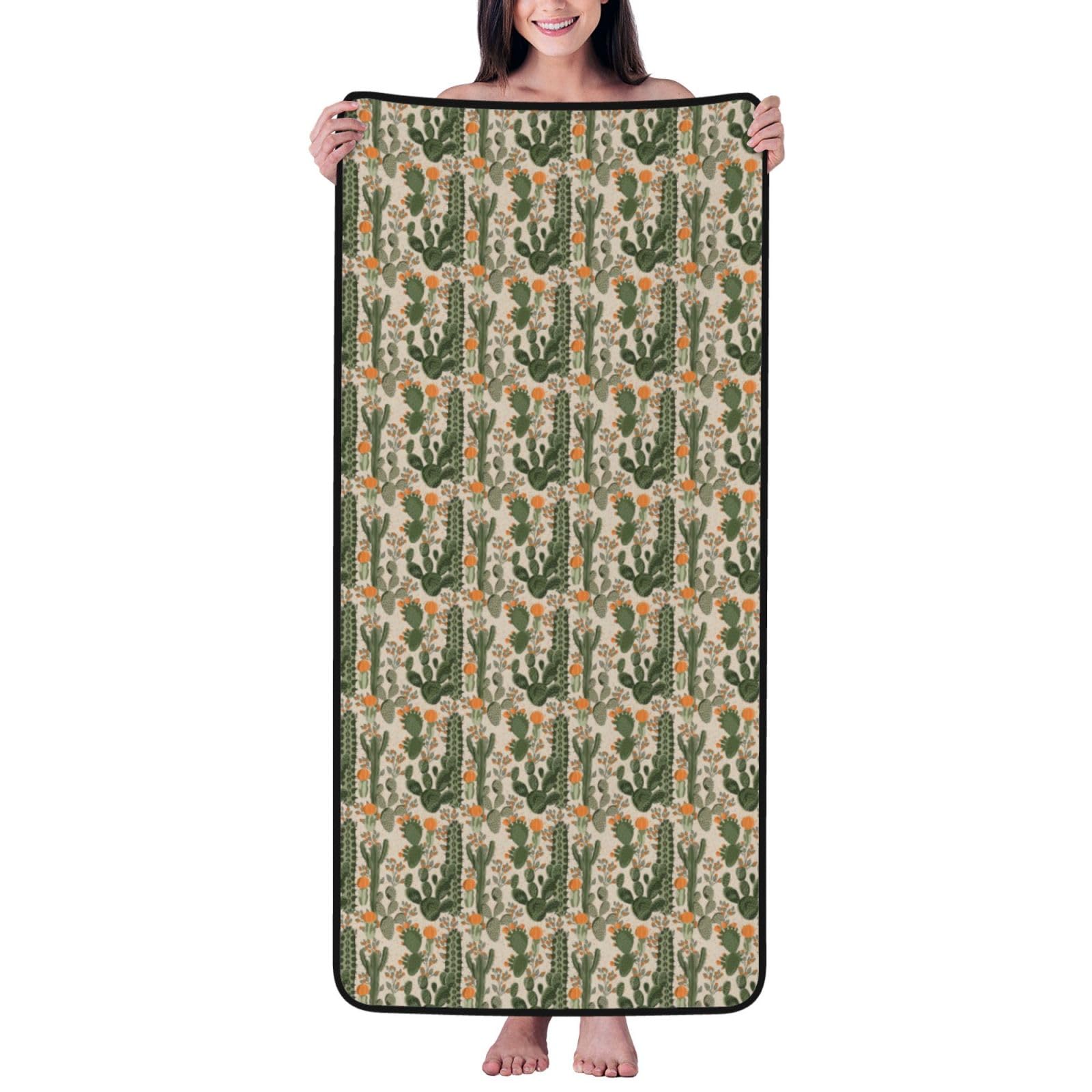 Ztpowqa Women's Black Green Cactus Print Coral Velvet Bath Towel For Home Gym Lounging Bathroom Spa Hotel Beach Travel