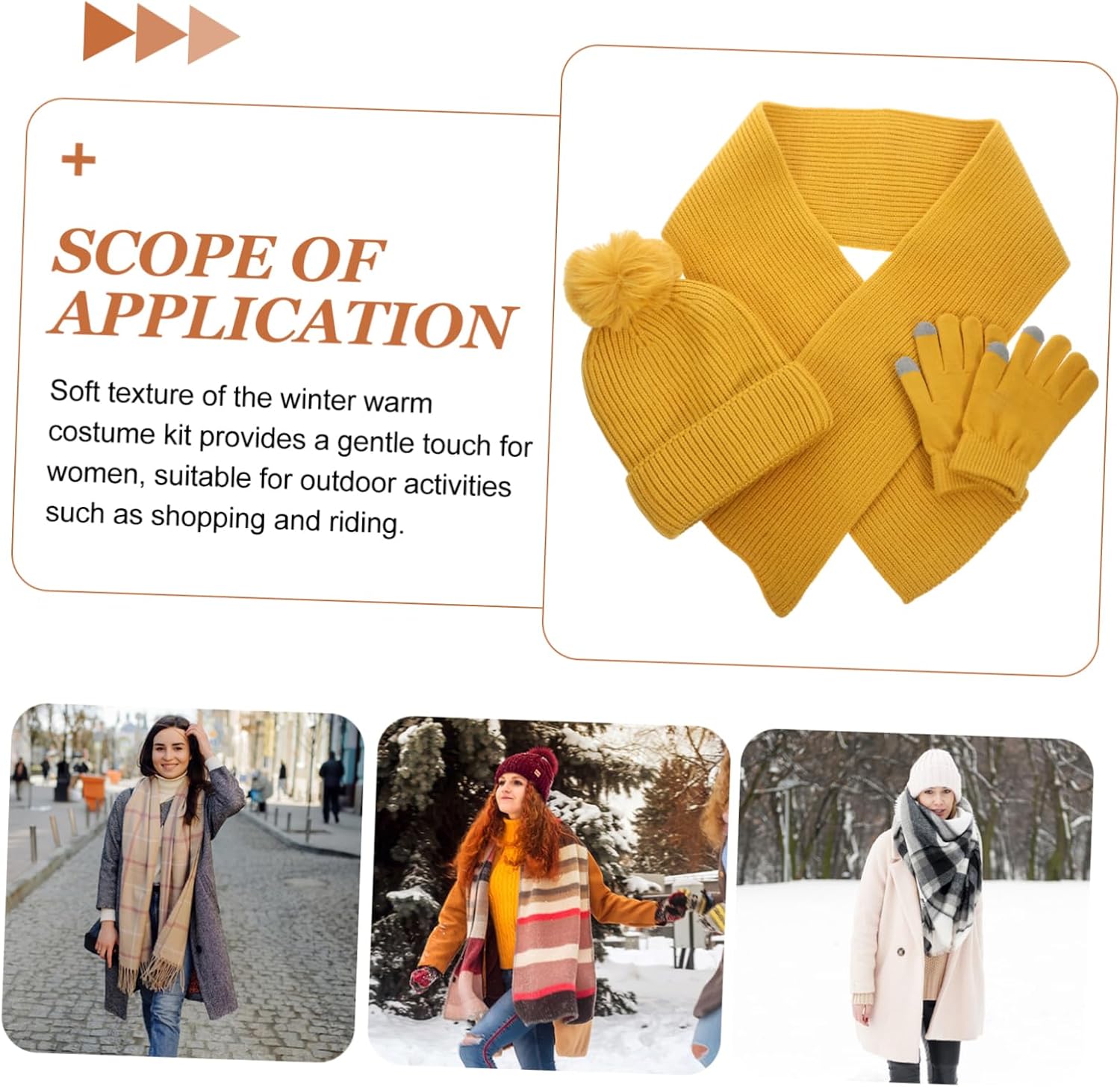 BESTYASH 1set Women's Winter Costume Touchscreen Gloves Warm Hat Scarf Set for Outdoor Riding Shopping and Cold Weather Activities Soft Cozy Yellow Ensemble