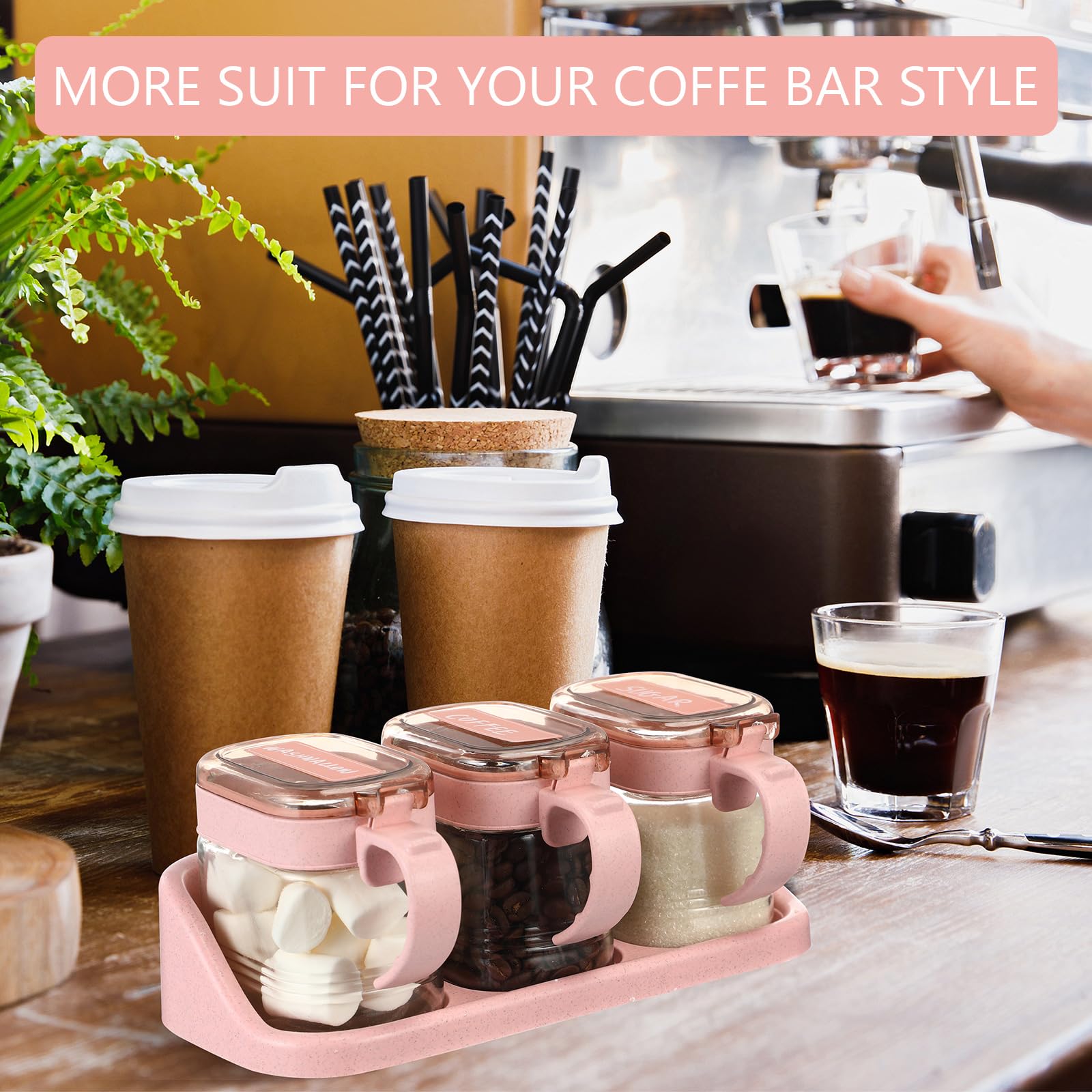 Suclain Juego de 3 tarros de condimentos de vidrio rosa para especias de cocina con base para granos de café y azúcar con etiquetas adhesivas, juego de tarros de café y azúcar de vidrio rosa con