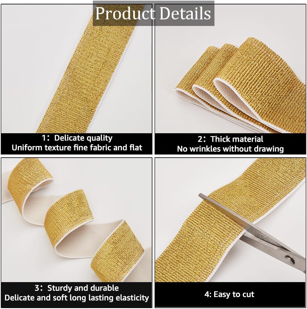 GORGECRAFT 6.6 Yards Gold Glitter Elastic Band 1.57in/4cm Wide Metallic Stretch Ribbon Sewing Woven Knit Spool Trim Headband for Crafting Waistband Pants Waist Webbing Garment Clothes Accessory