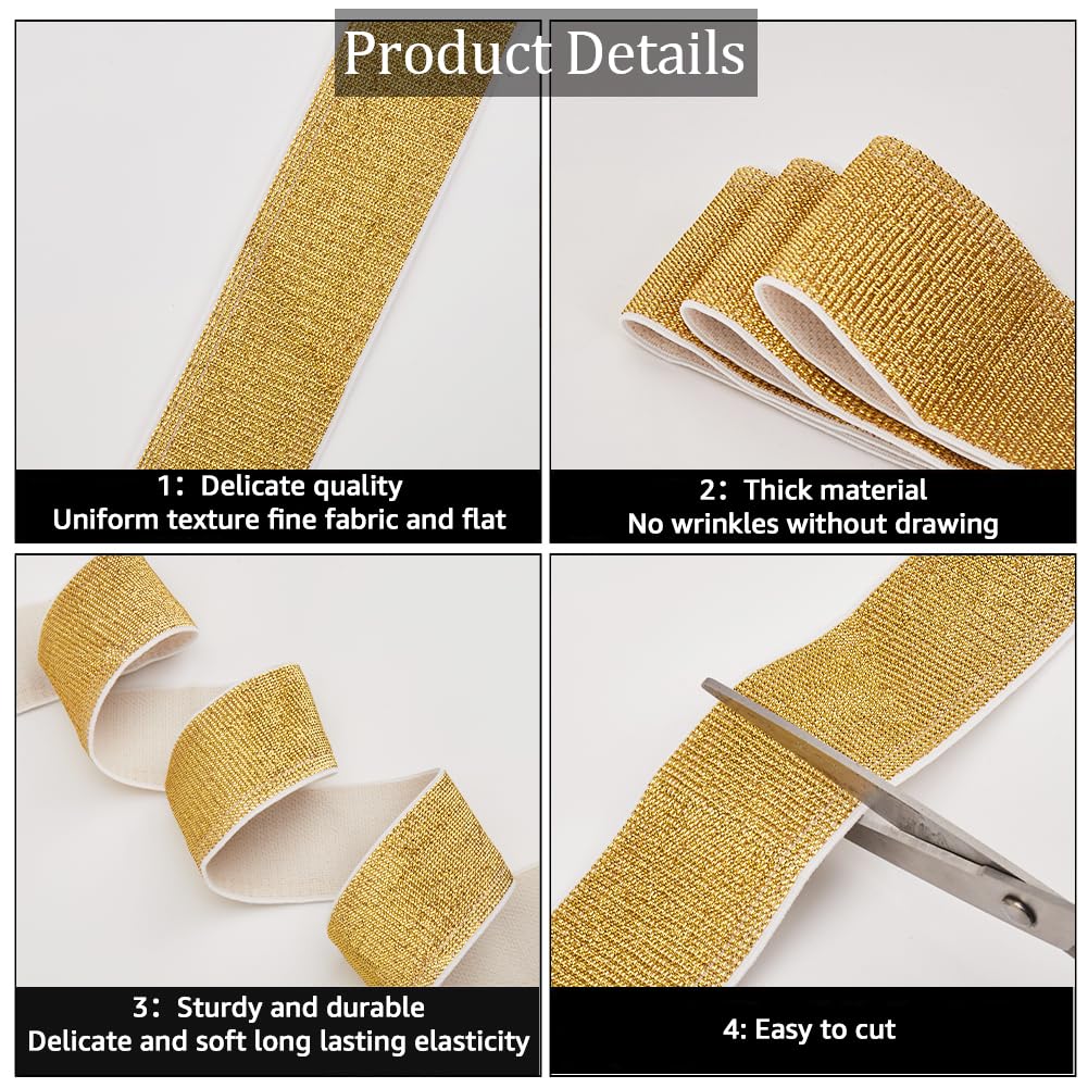 Bande Élastique à Paillettes 25mm - 4 Rouleaux De 5m (Or Et Argent) Pour Couture, Déco Vêtements, Accessoires