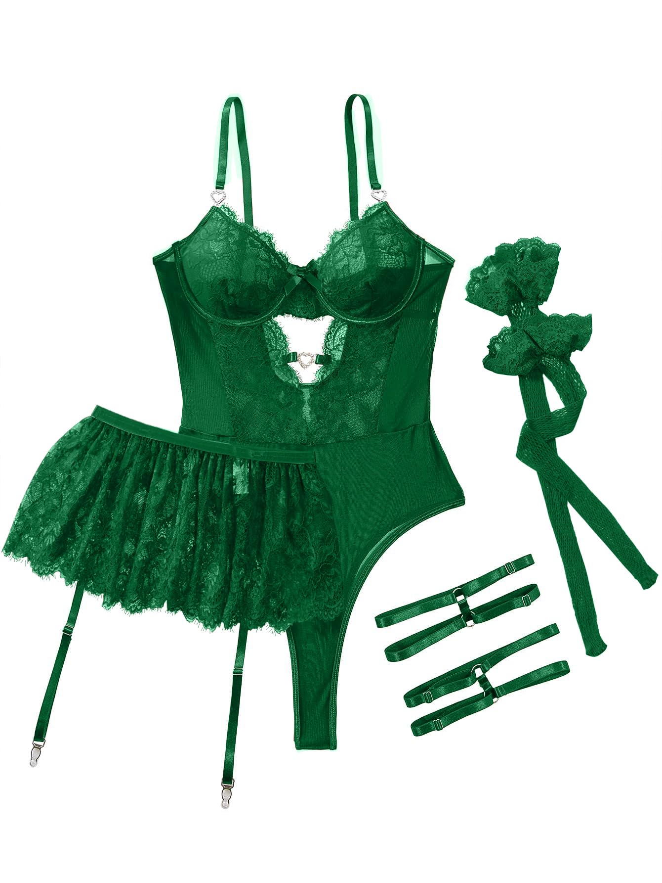 Sexy outfit Seksowne pończochy dżetów podwiązka w kształcie serca fiszbiny kwiecista siateczka koronkowa przezroczysta bielizna dla lalki Teddy body zestaw spódnic