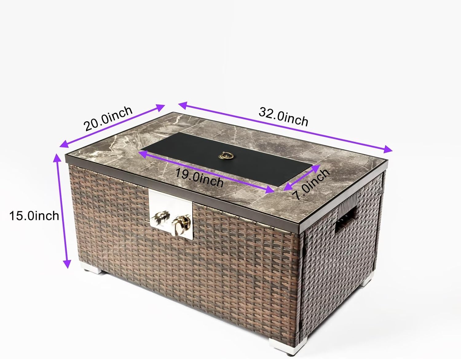32 in Propane Fire Pit 50,000 BTU Outdoor Gas Fire Pit Table with Tempered Glass Tabletop and Rattan Wicker Base, Rectangle Fire Table for Patio Deck Party Gathering, Brown