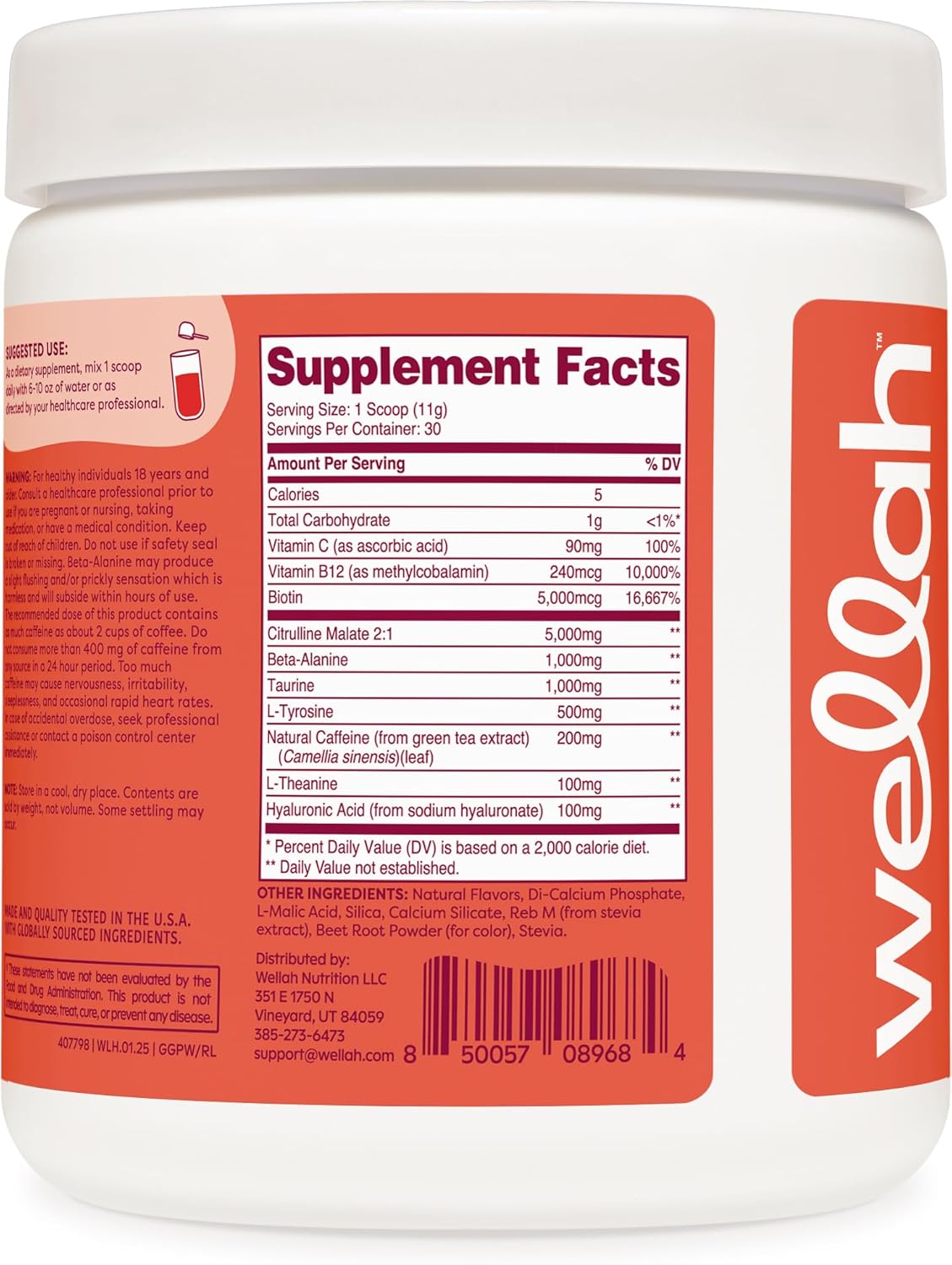Wellah Get-Going Pre-Workout Drink Mix (Fruit Punch Flavored, 30 Servings) - with Citrulline Malate and L-Theanine, 200mg of Natural Caffeine & 1000mg of Beta-Alanine - Image 4