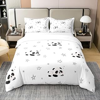 jejeloiu Panda Duvet Cover 100% Cotton Queen Size Kids Cute Animal Comforter Cover Set for Teens Cute Animal Decor Bedding Cotton Duvet Cover Set for Bedroom Black White Bedspread Cover