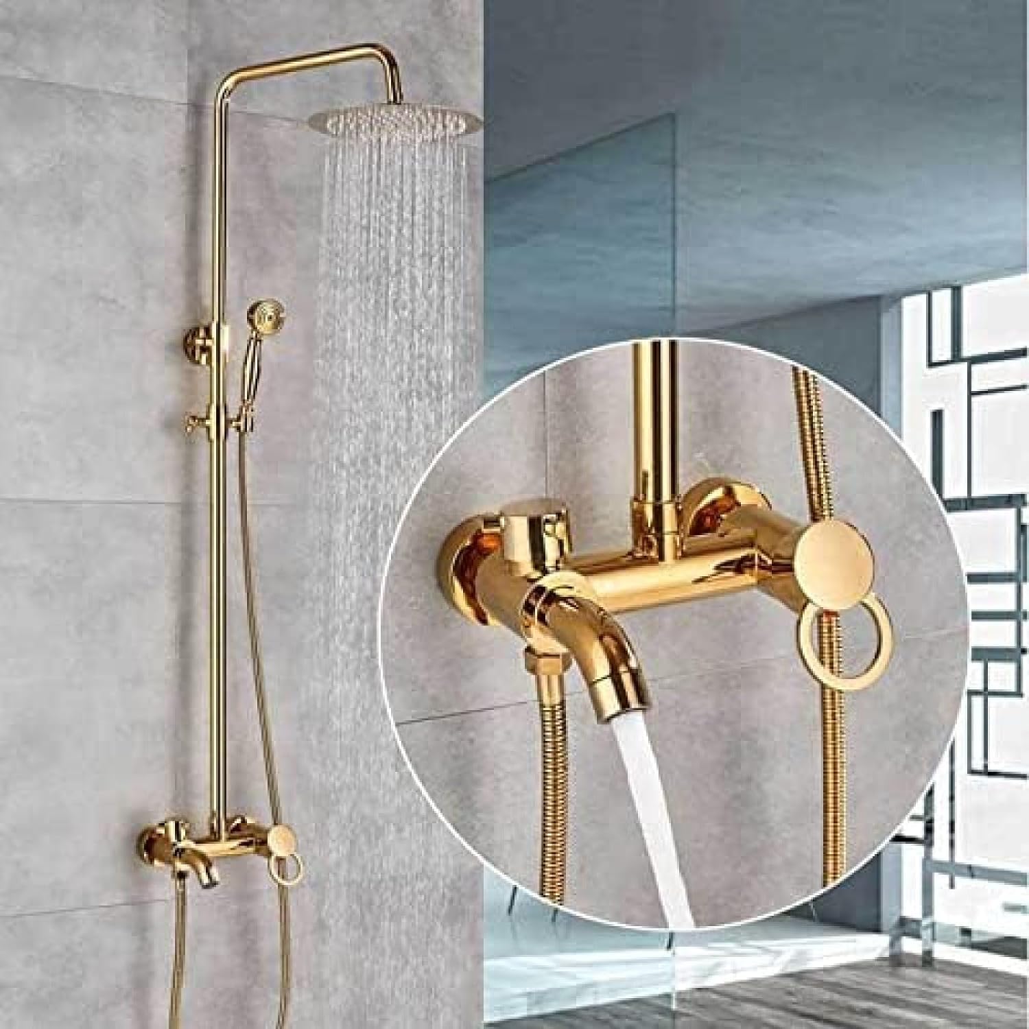 GLJTUO Shower System, Bath Shower Mixer Faucet 8 Inch Shower Set Rainfall Brass Shower Head in Wall Rain Shower Faucet with Handshower Brass Spout,Chrome,Golden,Golden