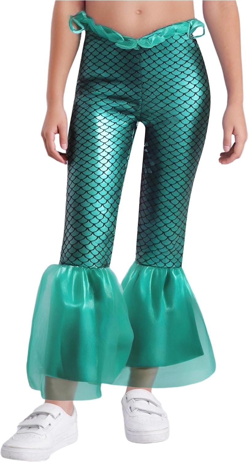 Girls Mermaid Scale Leggings Bell Bottom Pants 6-16 Years | Vintage, Elastic Waistband, Flared Hem, Disco Theme Party, Pull On