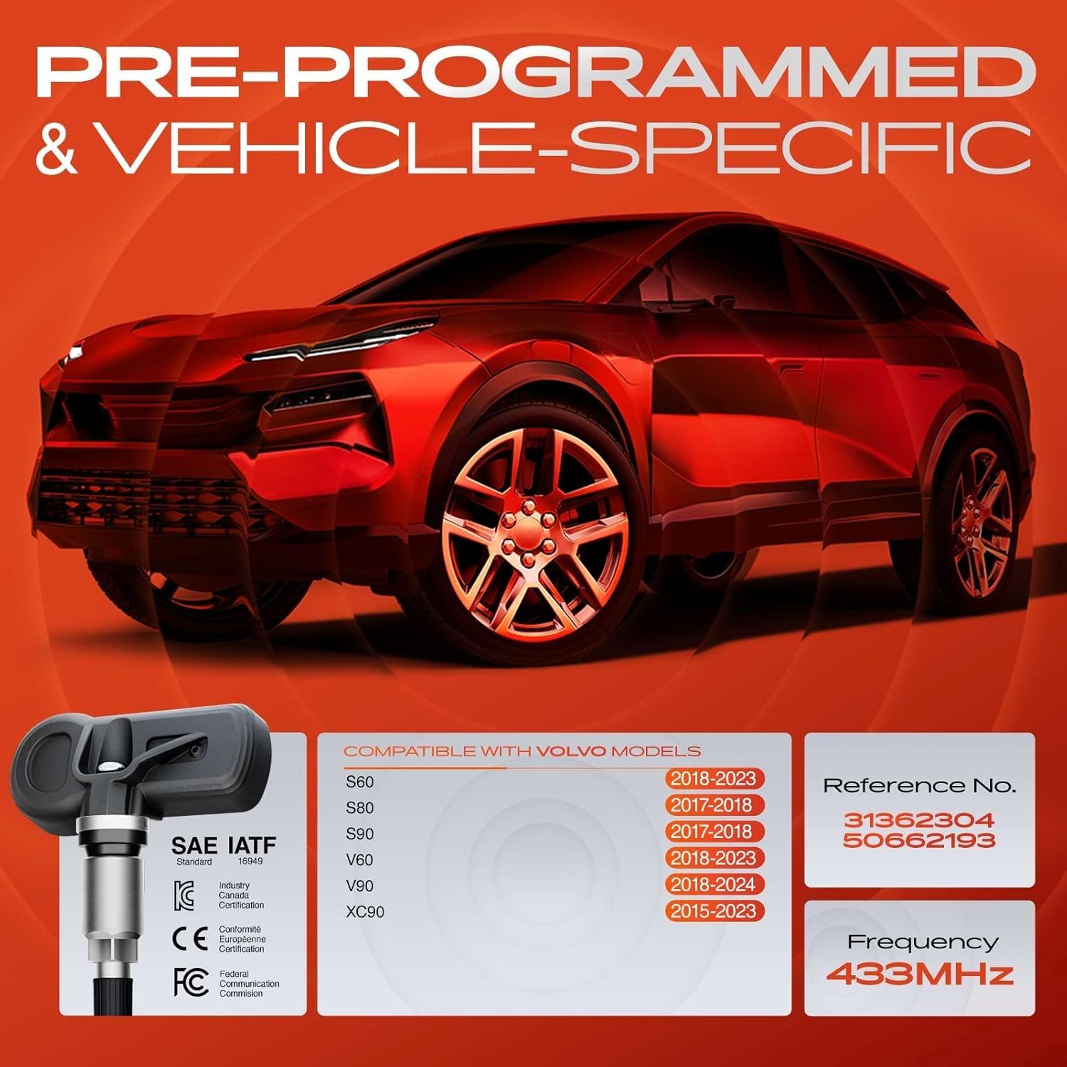 A-Premium 4PCS Pre-Programmed TPMS Sensor Tire Pressure Monitoring Sensor - Compatible with Volvo S60 2018-2023, S80 S90 2017-2018, V60 2018-2023, V90 2018-2021, XC90 2015-2023 - 433MHz