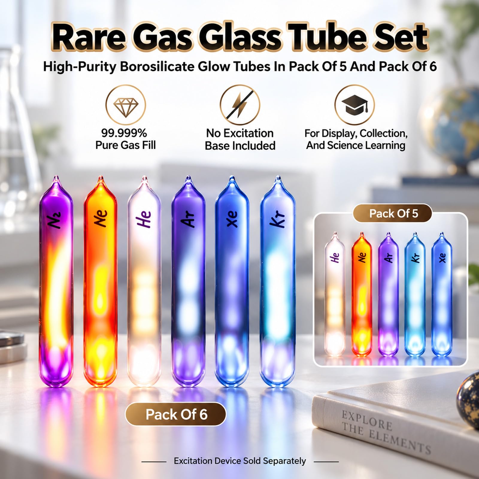 Edelgas-glühröhren-Set, 99,999% Reiner Edelgas-glühröhren, Inklusive He/ne/AR/kr/xe/n2, Für Elementsammlung, Experimente Und Unterricht, Ohne Anregungssockel, Zur Dekoration, Geschenk 6pcs