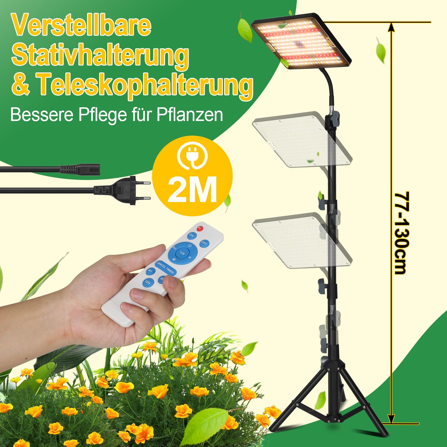 Pflanzenlampe LED mit Ständer, Höhenverstellbare Pflanzenleuchte LED Vollspektrum mit Fernbedienung, 242 LEDs Grow Lampe mit 4/8/12H Timer Dimmbares Pflanzenlicht, 2 Pack