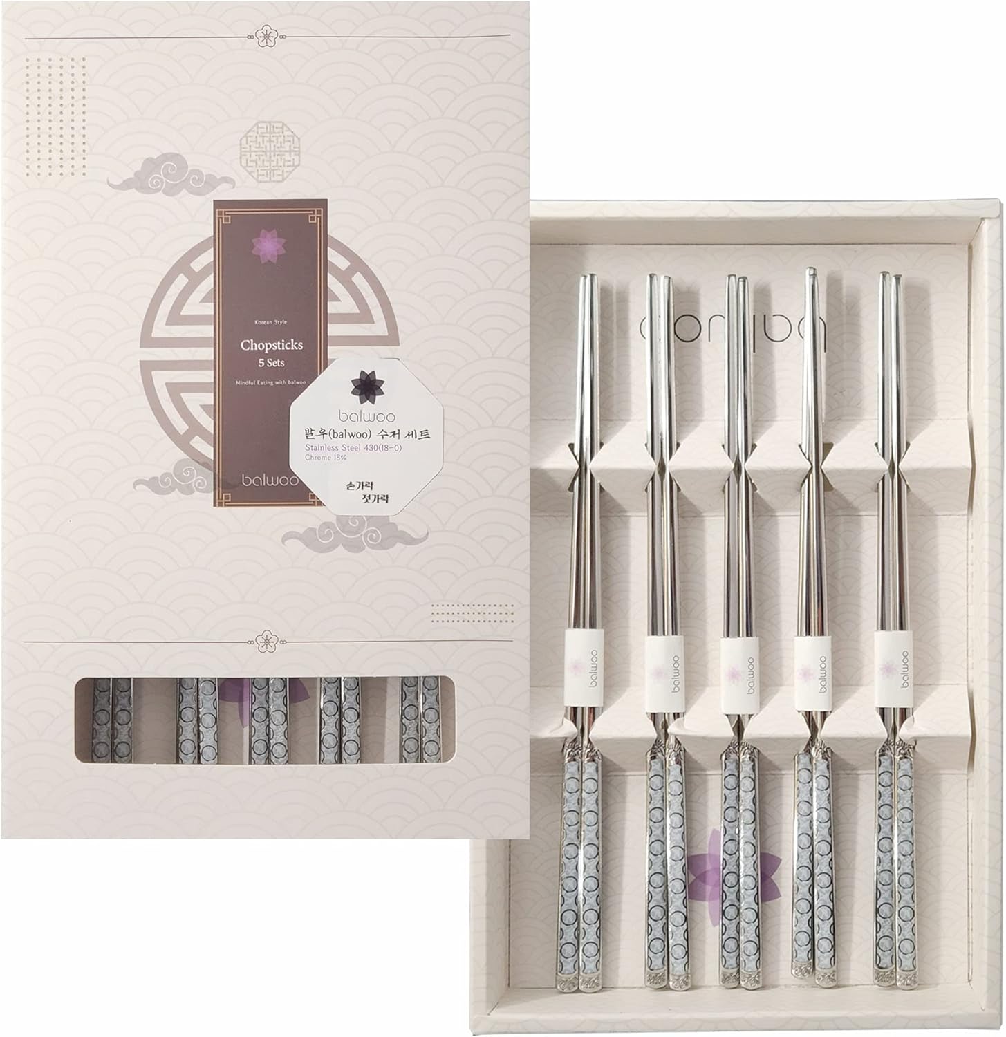 Chopsticks [Made in Korea][5 Sets] 430 Premium Stainless Steel Chopsticks, Mukbang Kitchen Utensil, Cutlery Silverware Stainless Tableware (Goryeo Celadon White)