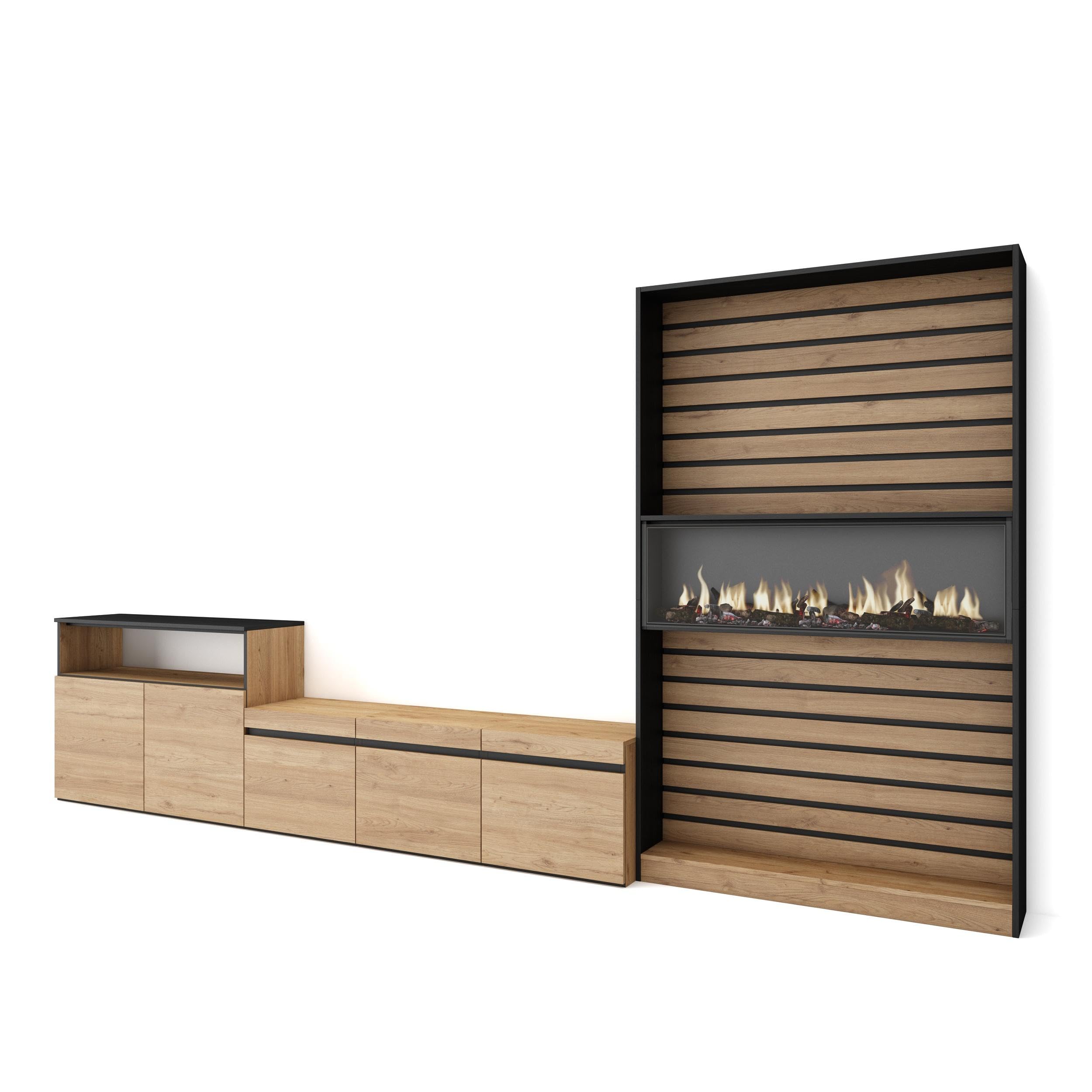 Skraut Home | Muebles de Salón para TV | Conjunto de Muebles Comedor | 360x186x35cm | para TV hasta 65" | Chimenea eléctrica | Estilo Moderno | Roble y Negro