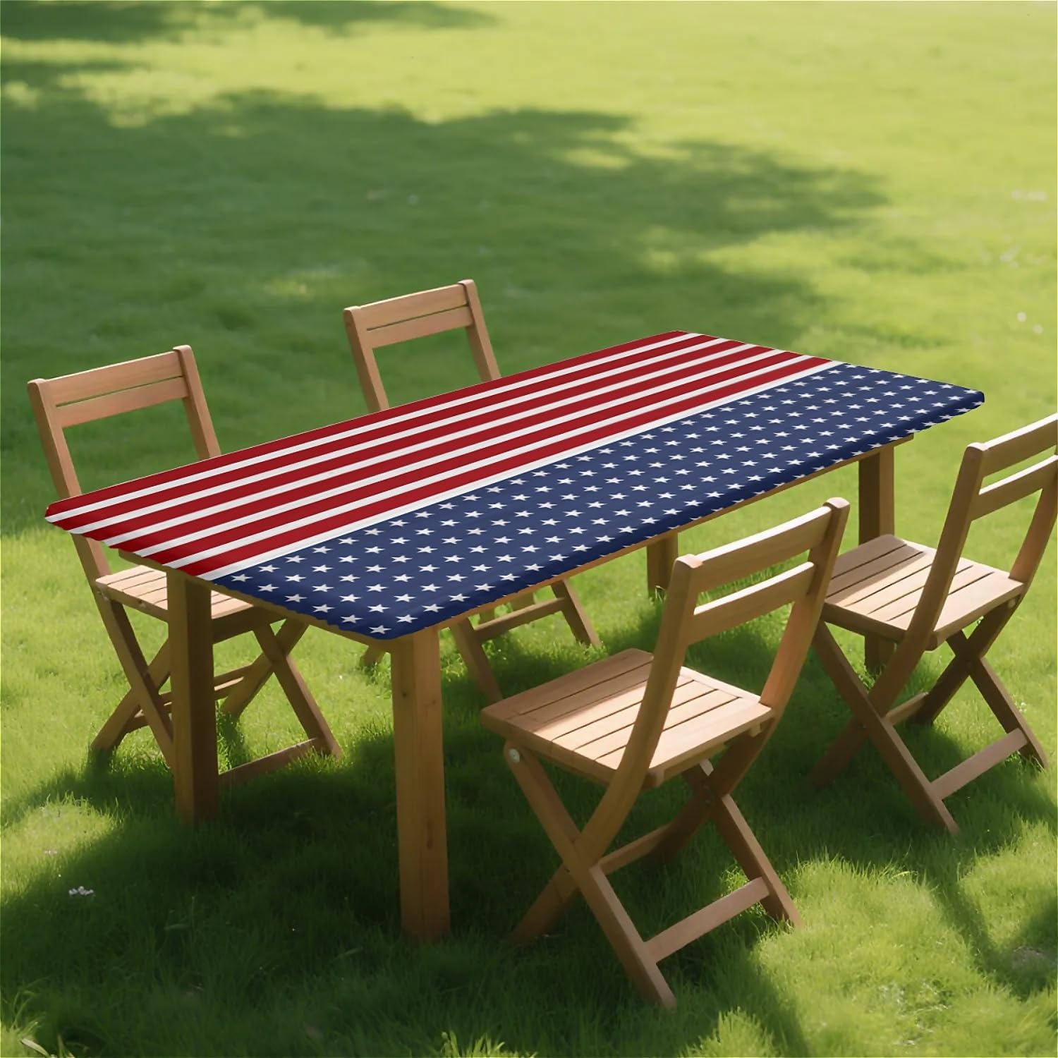 Rectangle Wipeable Tablecloth with Elastic, Fitted Waterproof Outdoor Tablecloth for 6 Foot Rectangle Tables, Picnic, Camping, 30"x72", Flag