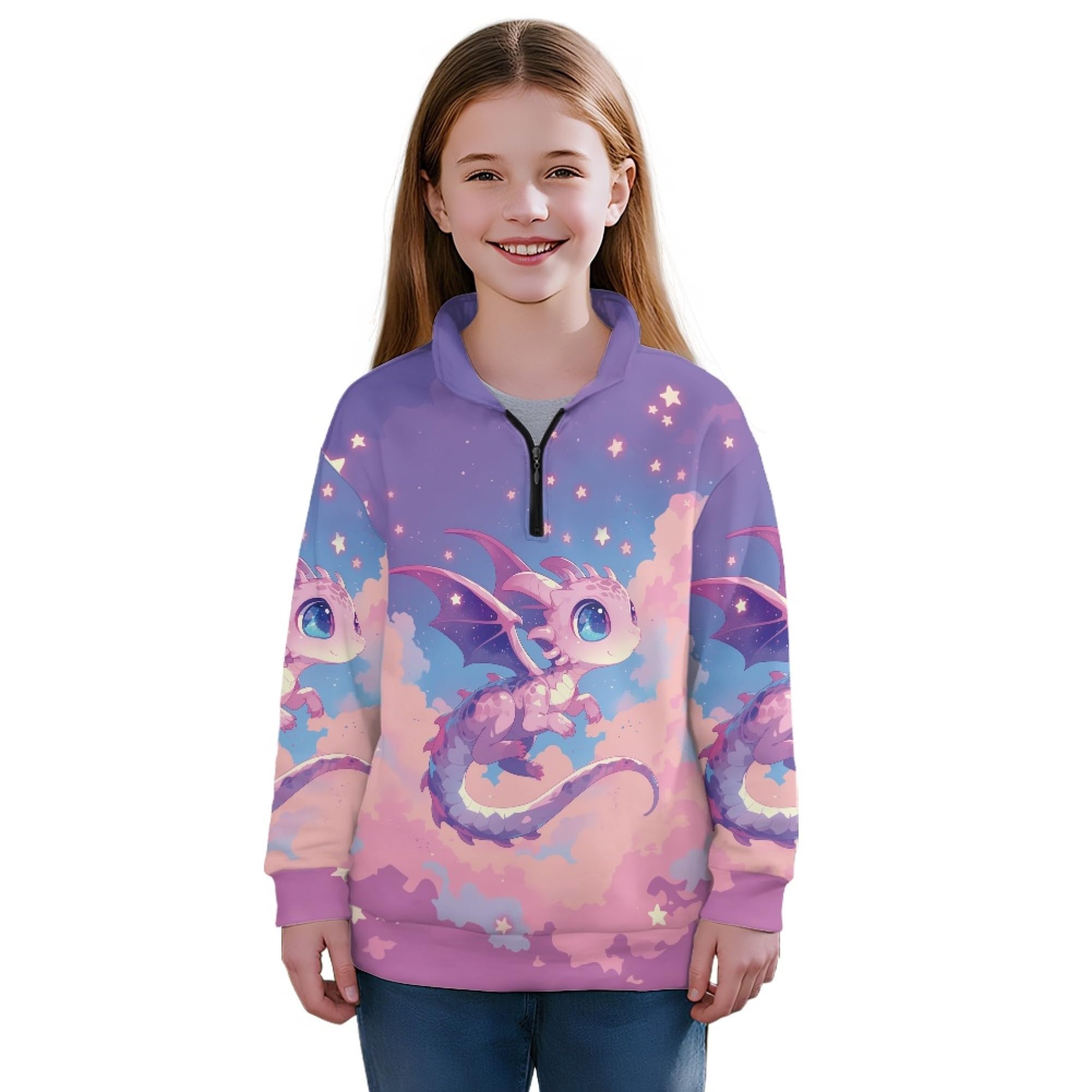 AmzPrint Half Zip Pullover Jackets Girls Long Sleeve Warm Pullover Back To School Running Oversized Hoodie For Big Girls