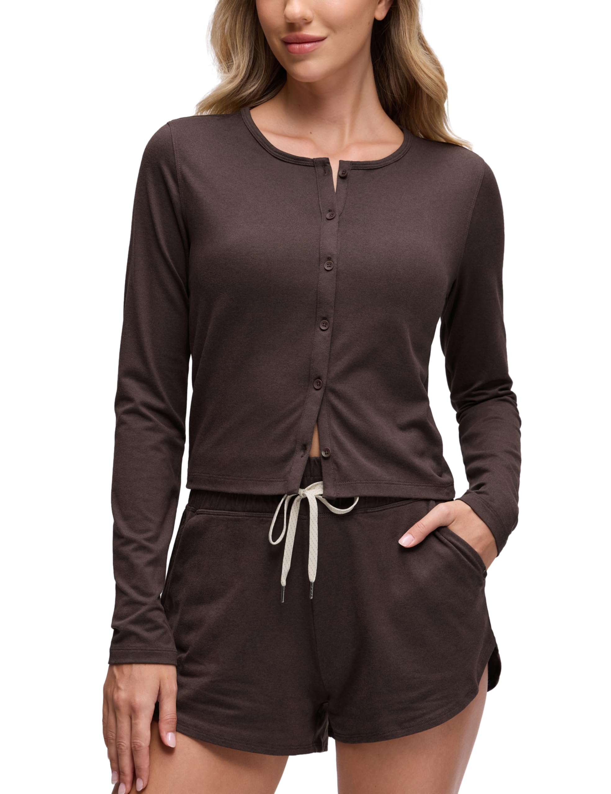 CRZ YOGA Cloud Jersey Lightweight Crewneck Cardigan for Women Soft Knit Button Down Shirts Casual Long Sleeve Fall
