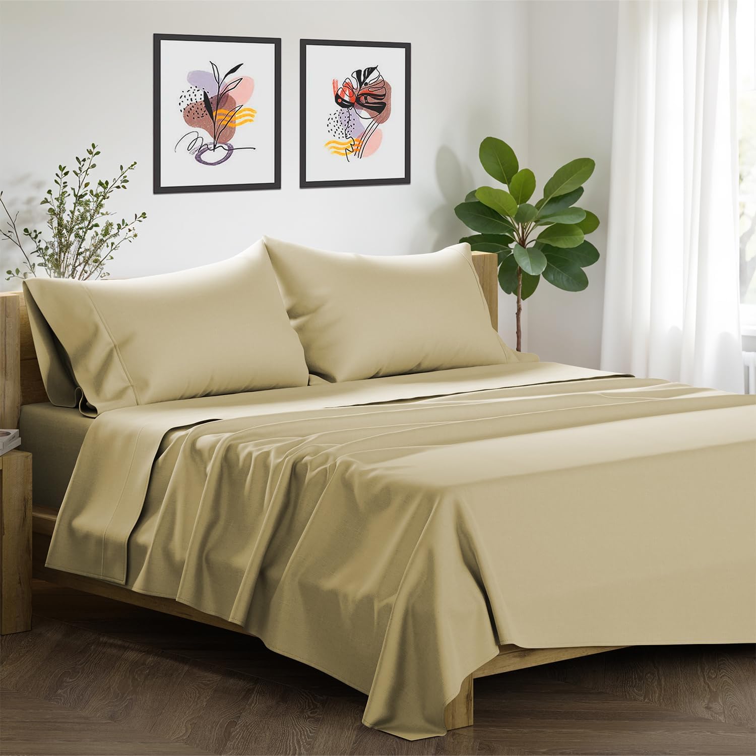 XOOX Linen 100% Egyptian Cotton Sheets California King Size - 1500 Thread Count Cal King Sheet Set Egyptian Cotton, 4 PC Luxury Bedsheet (Beige), Soft, Cooling, 17" Deep Pocket Sateen Bedsheet Set