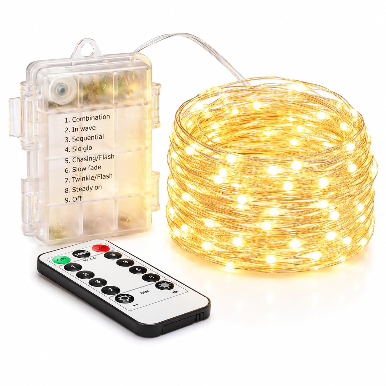 Volunx Warm White LED Fairy Lights – Battery Powered String Lights with Remote, 8 Modes, Waterproof IP65, Flexible Silver Wire for Indoor & Outdoor Décor (2M/5M/10M) (5m / 50LED)
