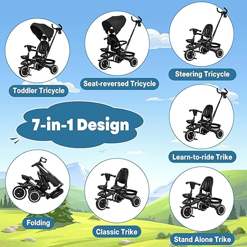 Miniatura 2 de Babevy Triciclo para bebé, bicicleta plegable 7 en 1 con mango de empuje ajustable extraíble, toldo, asiento giratorio, arnés de seguridad,