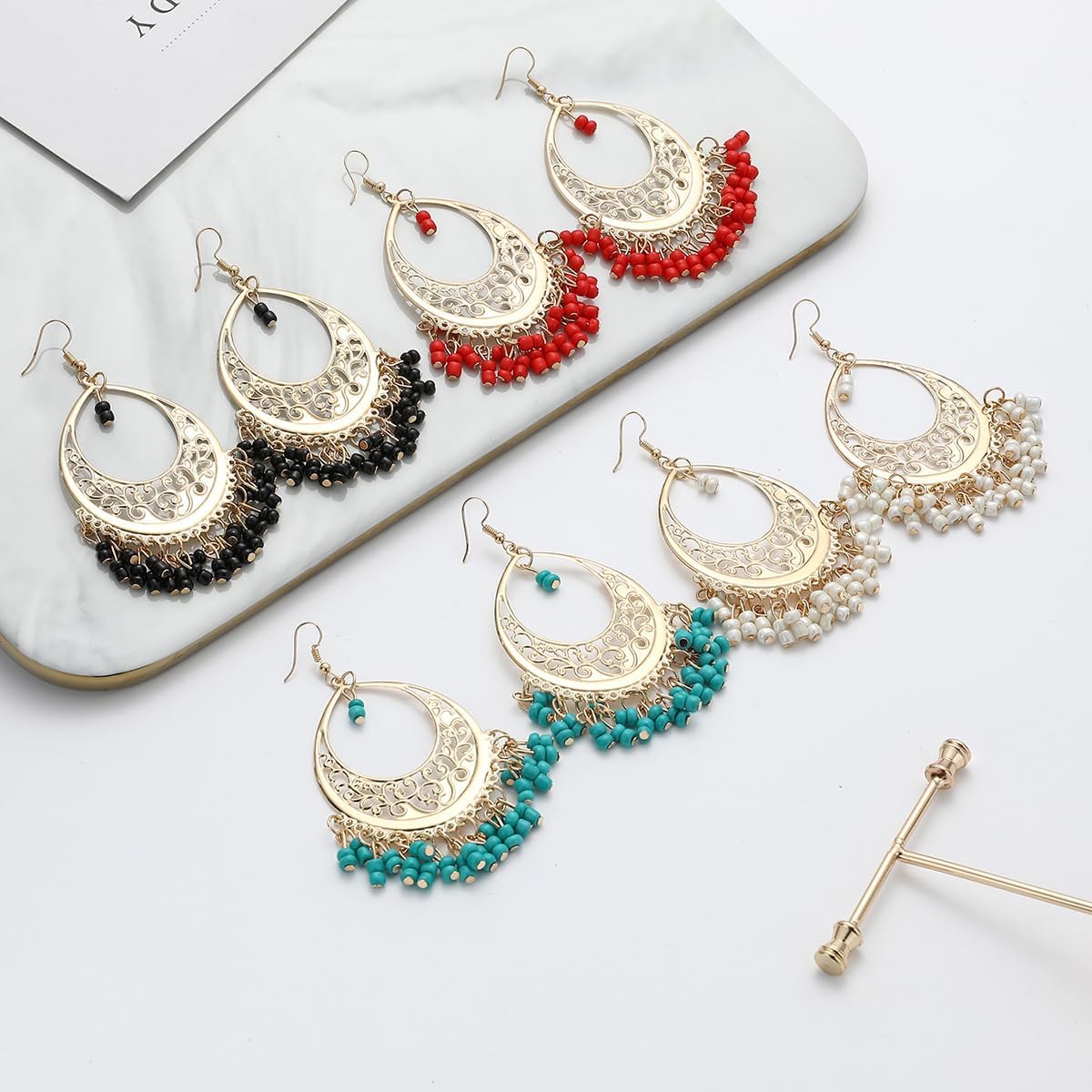 Bohemian Drop Dangle Earrings for Women Vintage Cut-Out Dangling Chandelier Earrings Bohemian Style Beaded Tassel Earrings Hypoallergenic Vintage Jewelry - Image 5