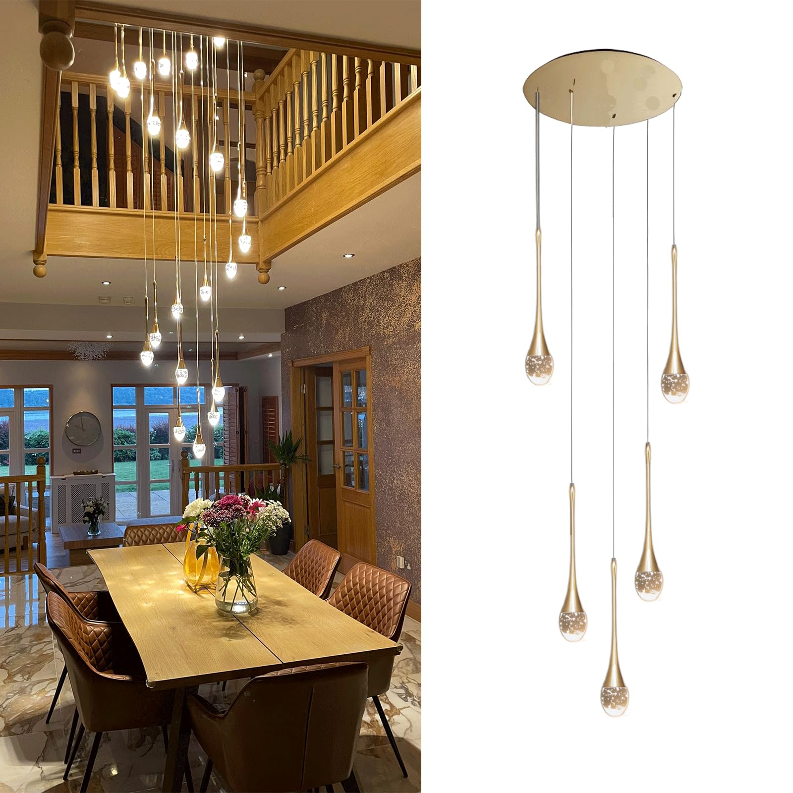 KXEcoLife Chandelier Crystal Ceiling Adjustable Length Chandeliers for Living Room Hotel Entryway Hallway Foyer Villa Duplex Staircase Long Pendant Lamp (5 Lights)
